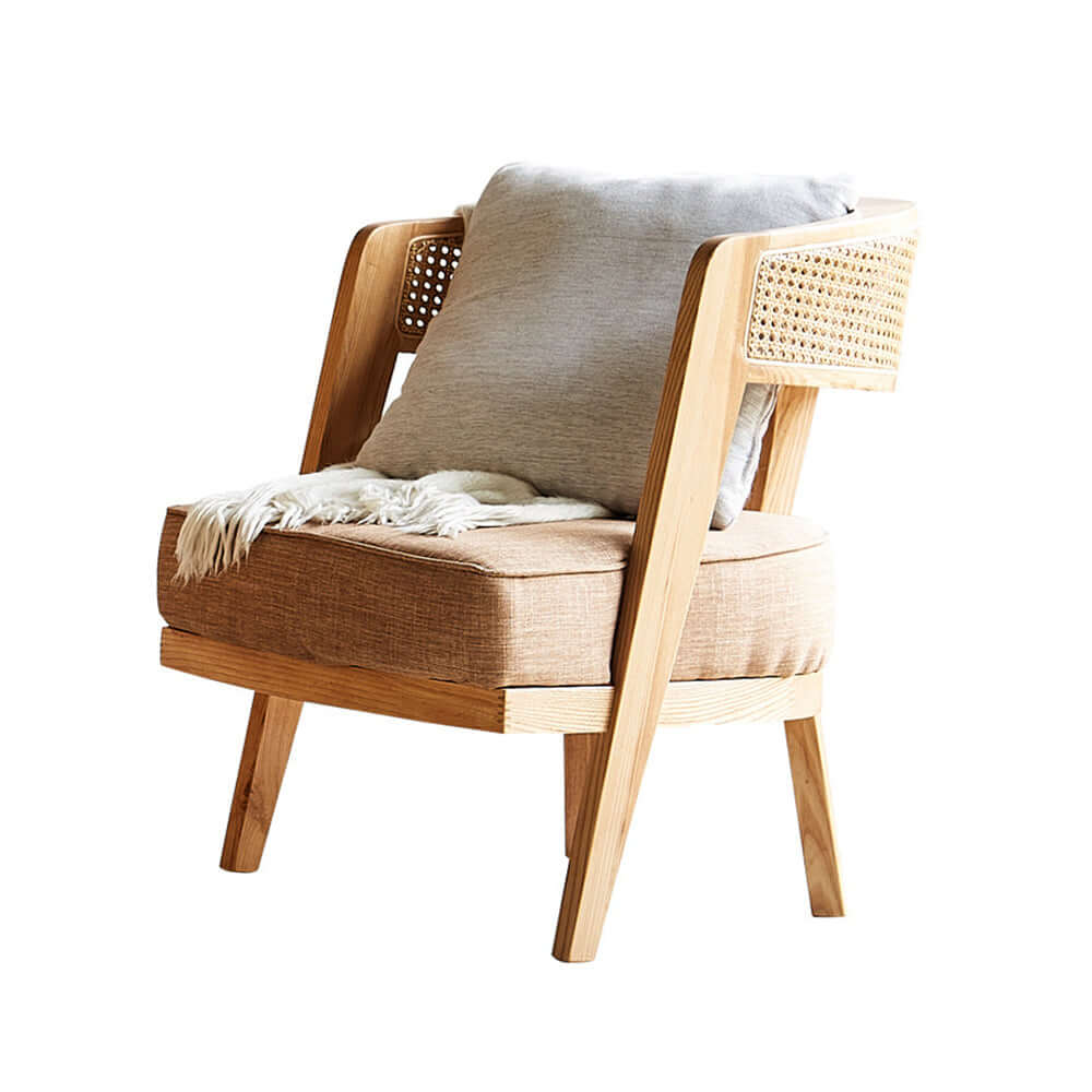 Modern Ash & Rattan Accent Chair - Cotton & Linen Upholstered Lounge Chair for Living Room, Bedroom & Office - Comfortable Boho Style Seating for Home Decor