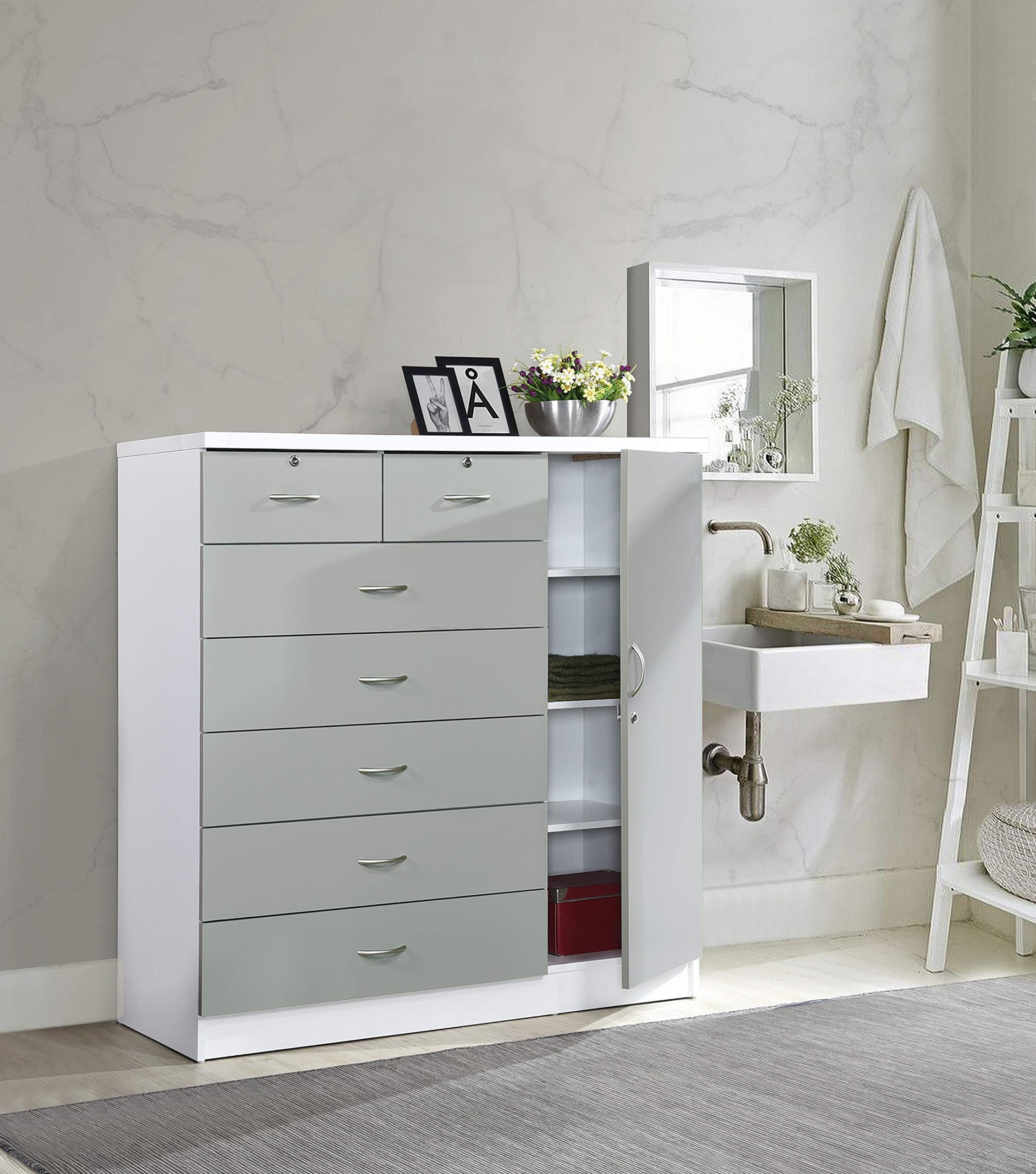 Hodedah 7-Drawer Jumbo Chest Dresser with 5 Large Drawers, 2 Small Lockable Drawers, Hanging Rod & 3 Shelves - Grey-White Finish | Perfect for Bedroom Storage, Closet Organization & Small Space Living