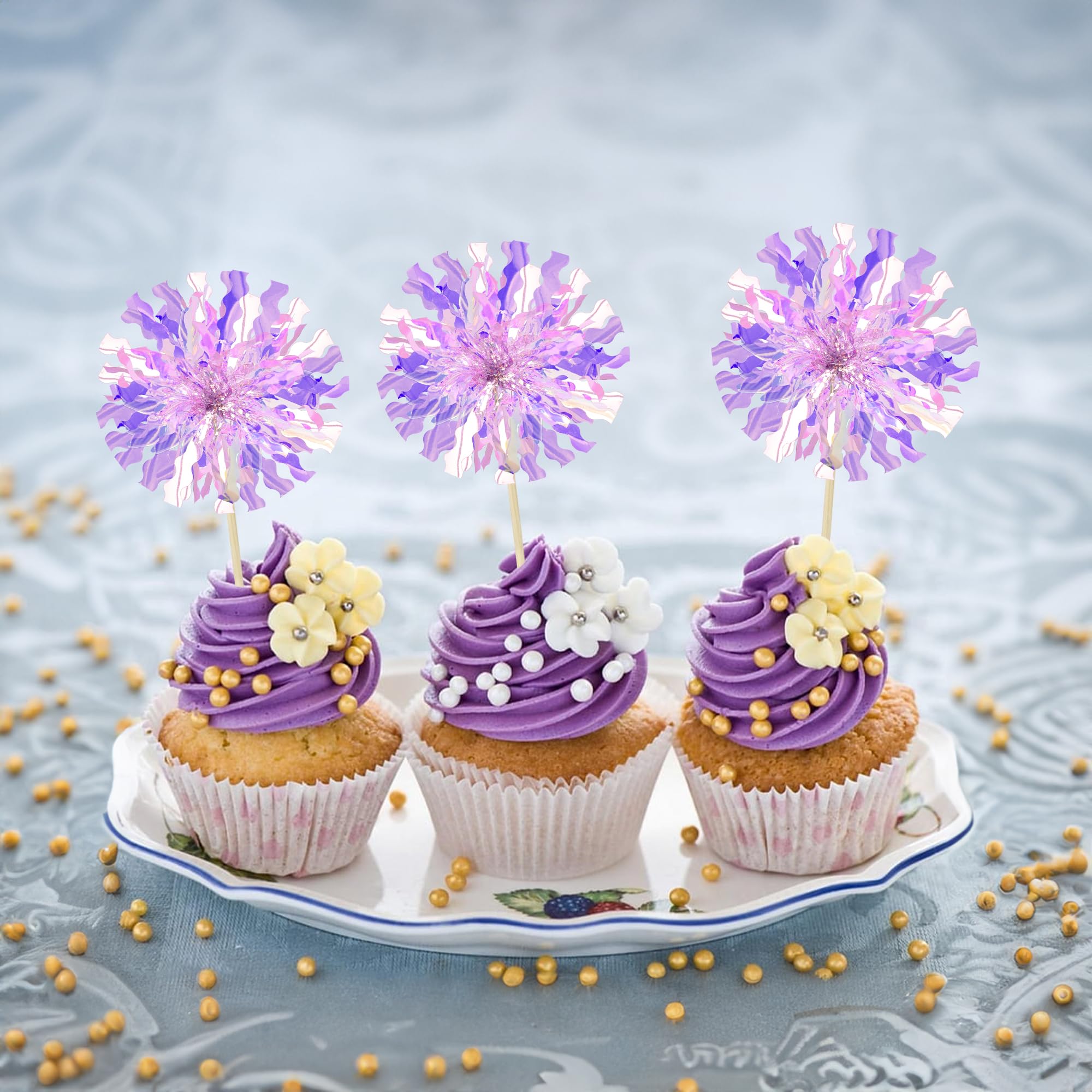 30Pcs Purple Foil Firework Cupcake Toppers - Sparkling Tinsel Cake Decorations for Birthday, Baby Shower & Graduation Parties | Cupcake Picks, Drink Stirrers & Cocktail Toothpicks for Festive Desserts & Beverages