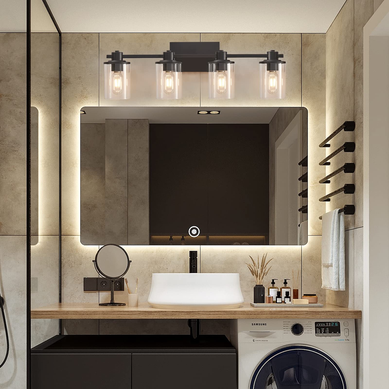 4-Light Modern Vanity Lights - Industrial Matte Black Bathroom Light Fixtures with Clear Glass Shades - Perfect for Bathroom Vanity, Living Room, Bedroom Mirror & Hallway Lighting - Elegant Home Decor for Modern Interiors
