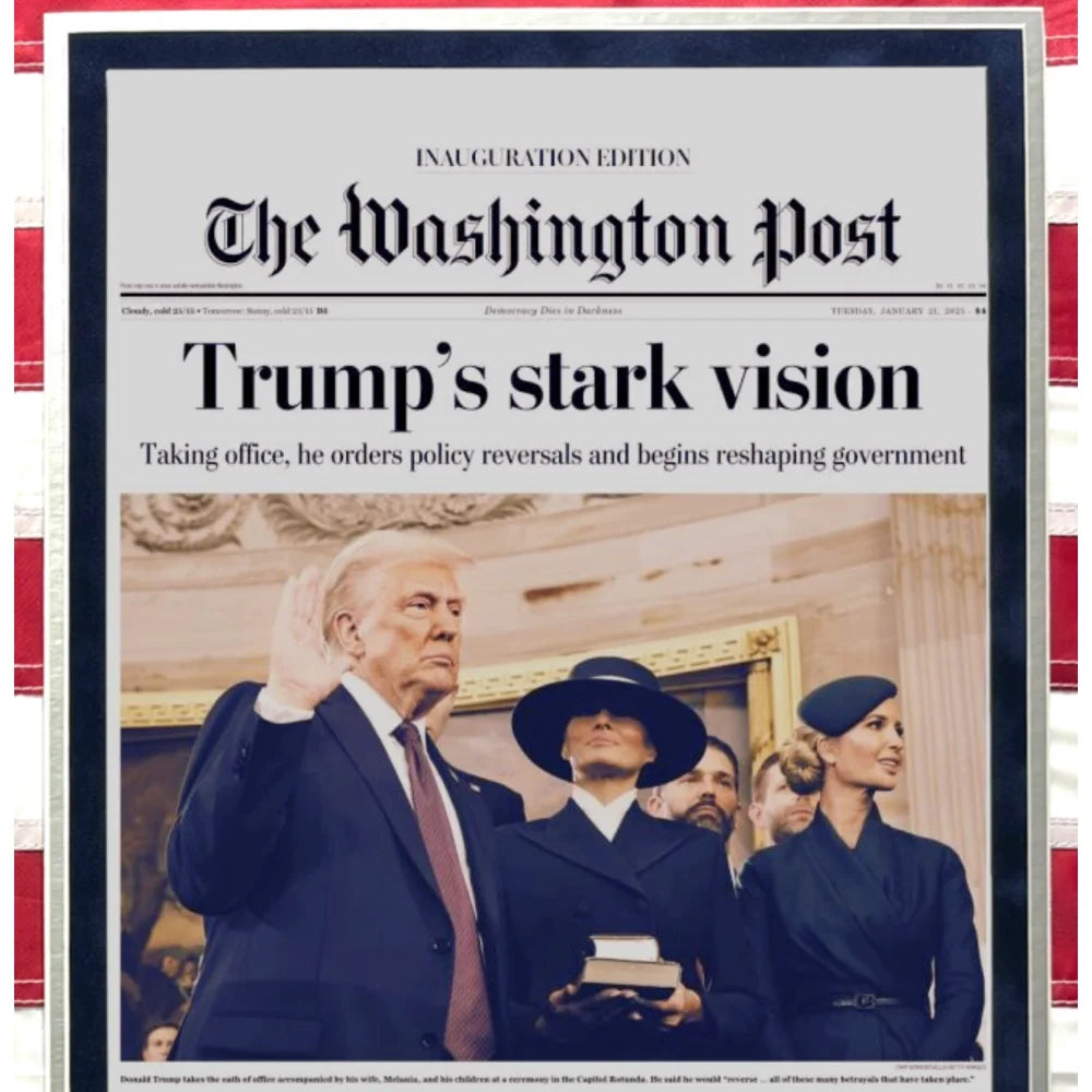 Donald Trump Autographed 2025 Inauguration USA Flag Framed with Washington Post Newspaper & JSA COA - Collectible Political Memorabilia for Home Office Decor & Conservative Gifts