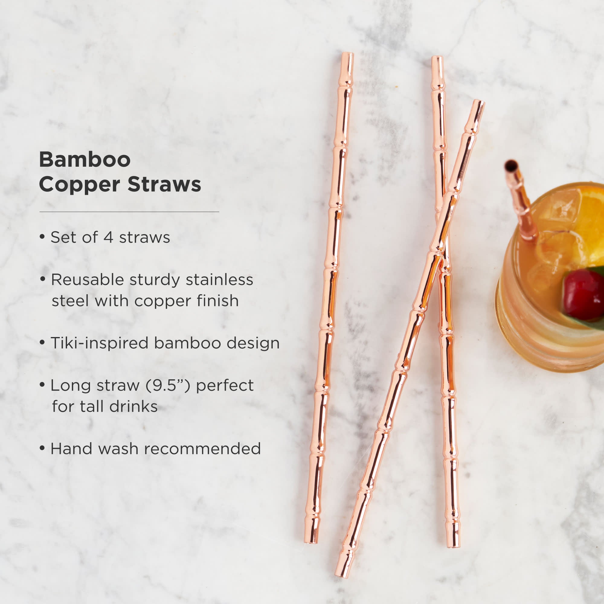 Eco-Friendly Reusable Copper Bamboo Straws Set of 4 - Sustainable Drinking Straws for Smoothies, Cocktails & Iced Coffee at Home or Restaurant