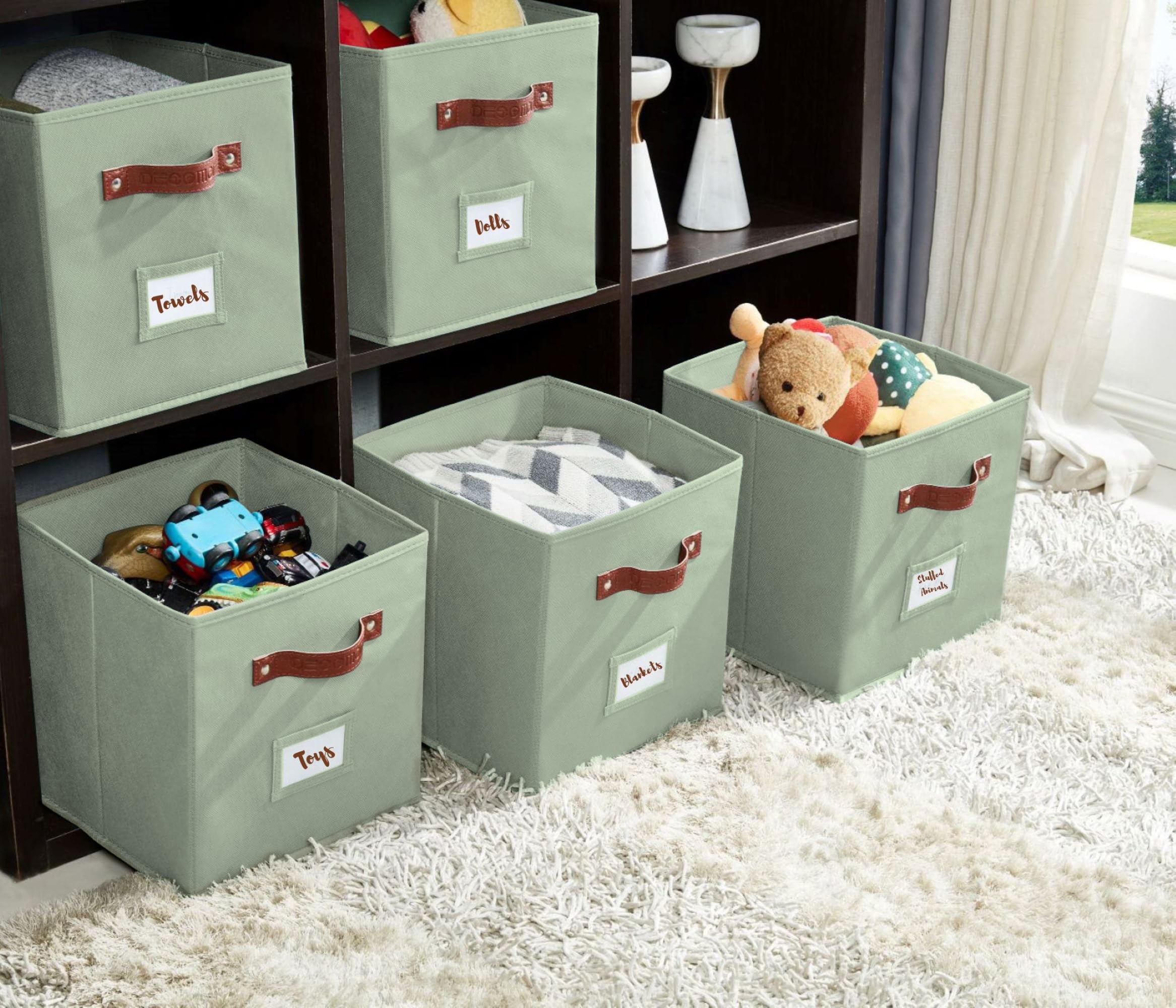 DECOMOMO Fabric Storage Bins 6-Pack, 10.5 x 11 Inch Cube Organizer Bins with Labels - Sage Green Closet & Shelf Organizers for Bedroom, Nursery, Office Storage Solutions