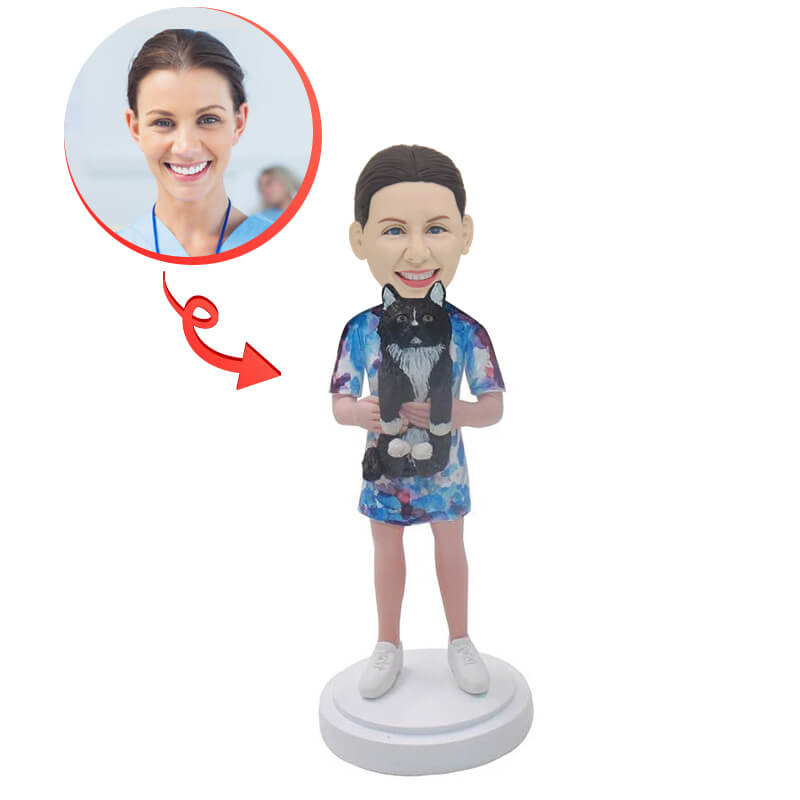 Custom Girl Hugging A Cat Bobblehead - Personalized Figurine Gift for Cat Lovers - Perfect for Birthdays, Anniversaries & Home Decor