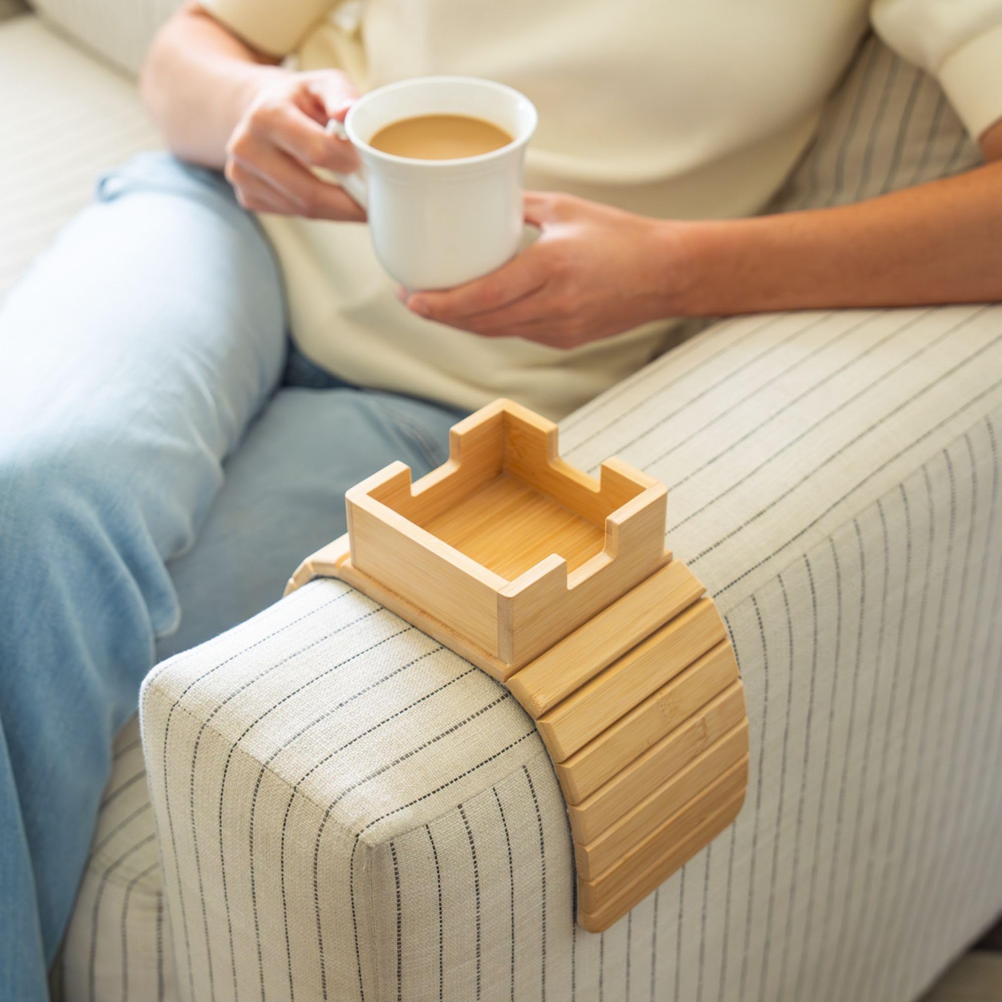 Premium Bamboo Couch Cup Holder Tray Set - Large & Small Non-Slip Drink Holder Caddy with Side Pocket Storage - Universal Sofa Arm Tray for Couches, Recliners & Loveseats - Perfect for Movie Nights, Gaming Sessions & Relaxing with Drinks & Snacks
