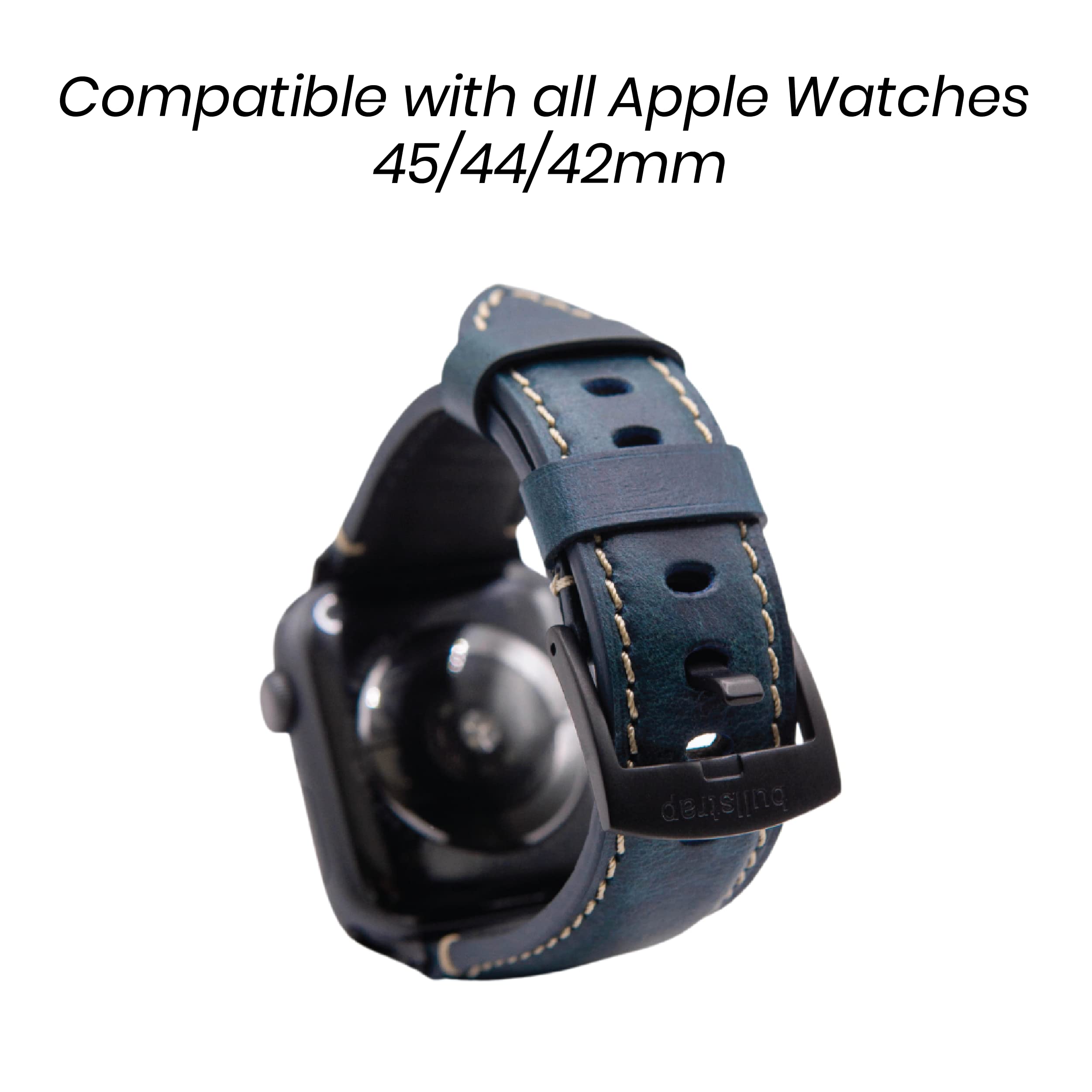 Premium Bullstrap Men's Full-Grain Italian Leather Apple Watch Band - Compatible with Series 1-8 - Durable & Stylish Replacement Strap for Work, Travel & Everyday Wear