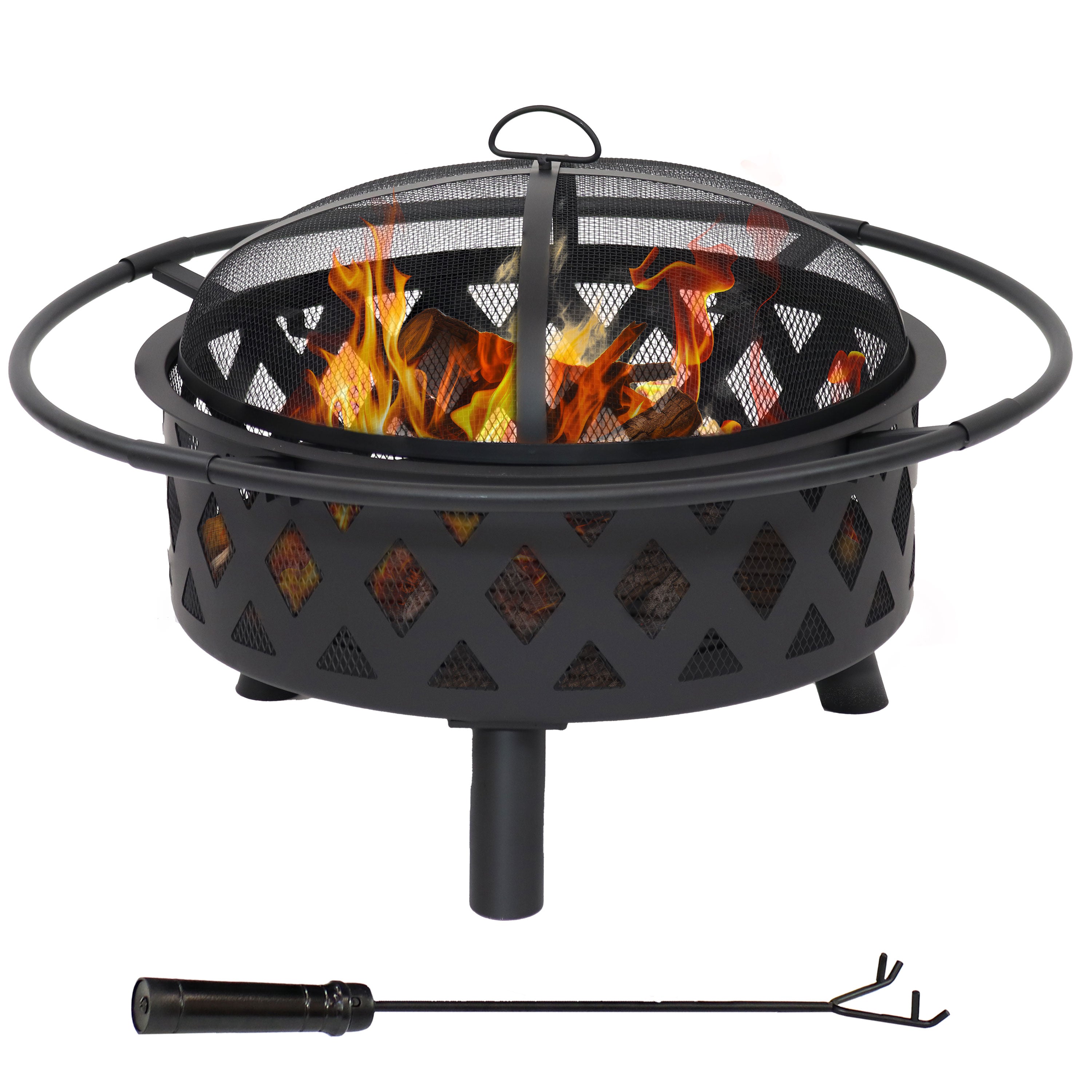 Sunnydaze Black Crossweave Wood Burning Fire Pit with Cover, Spark Screen, Grate & Poker - Outdoor Backyard Fireplace for Camping, Patio, and Garden Gatherings