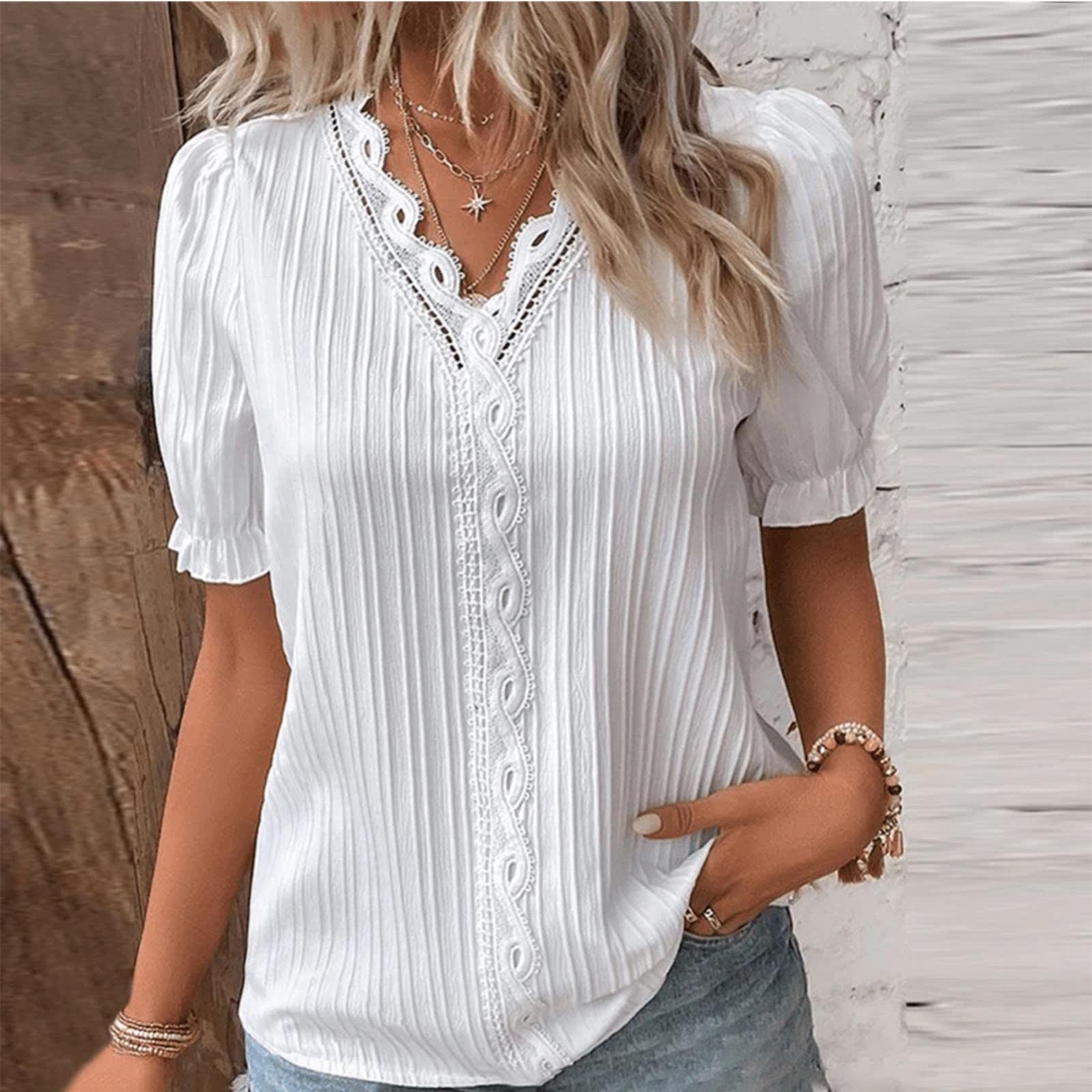 Women's Floral Print Lace V-Neck Short Sleeve Blouse - Trendy Puff Sleeve Summer Top 2024 - Casual Cute Shirt for Women (Large, White) | Perfect for Beach Outings, Date Nights & Summer Vacations