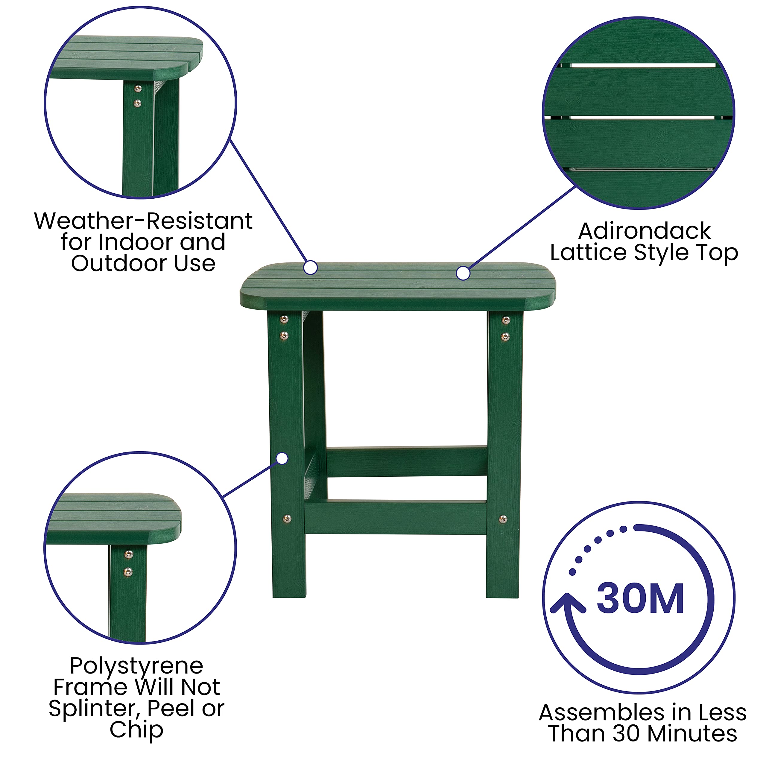 EMMA + OLIVER Green Adirondack Style Outdoor Furniture Set - Side Table with 2 Chairs for Patio, Garden & Poolside Relaxation