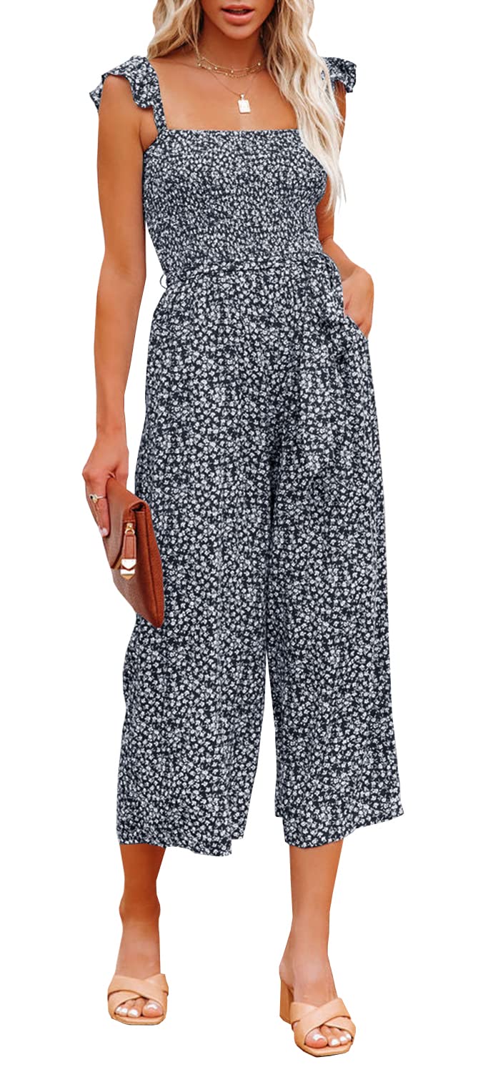 MITILLY Women's Summer Boho Floral Jumpsuit - Ruffle Sleeve, High Waist Wide Leg Romper with Pockets | Casual Outfit for Beach, Vacation & Date Night