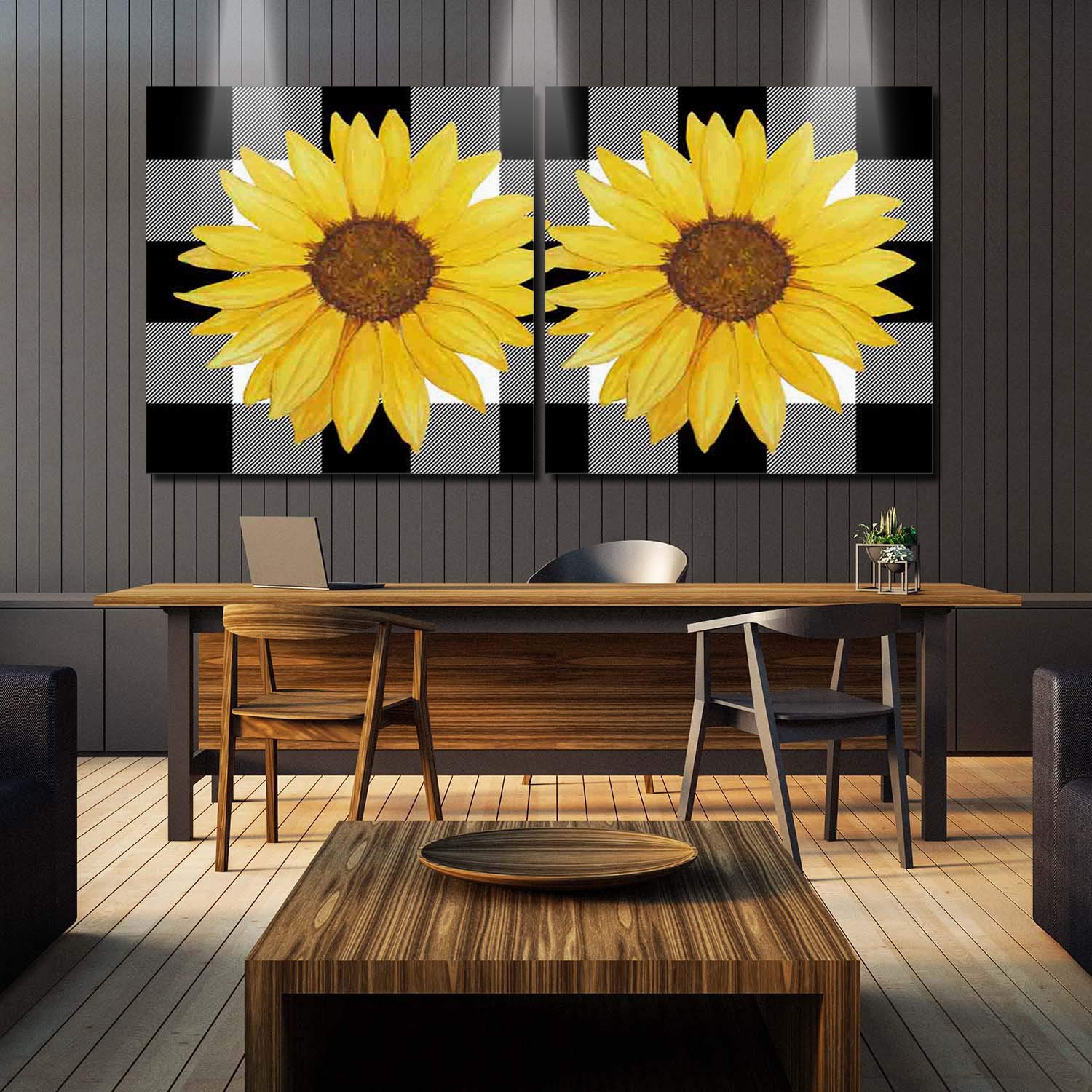 2-Piece Sunflower Canvas Wall Art Set - Autumn Plaid Farmhouse Decor for Living Room, Bedroom, Kitchen & Bathroom - Framed 16x16 Inch Panels - Perfect for Fall Home Decor & Cozy Interior Design