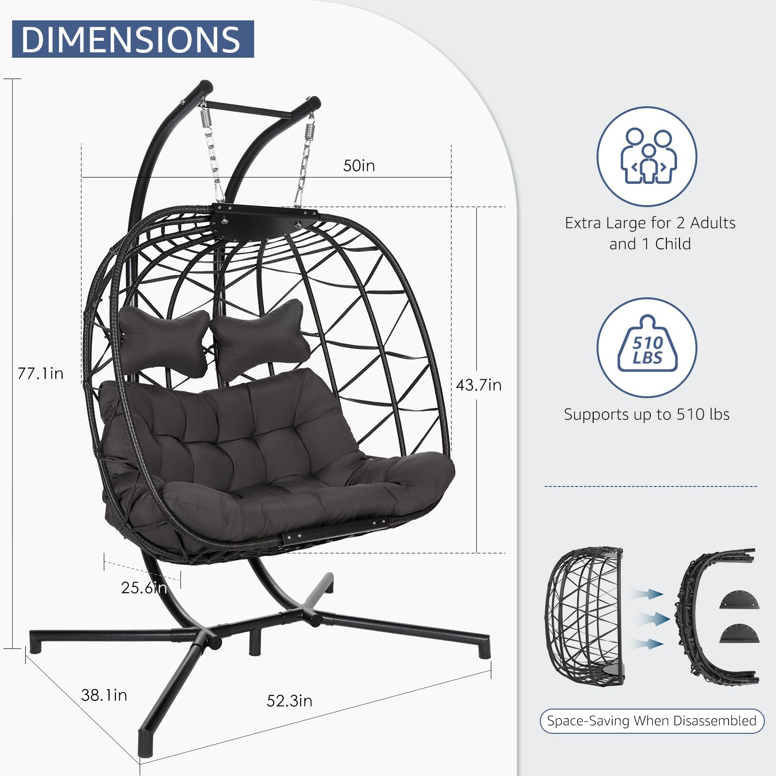 NICESOUL Double Egg Swing Chair with Stand - Oversized 2-Person Indoor/Outdoor Hanging Hammock Chair with Cushion - 700lbs Capacity Sturdy Porch Swing for Patio, Garden, or Backyard - Dark Gray Comfy Loveseat for Relaxing & Lounging