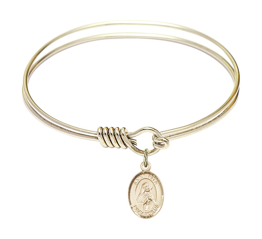 6 1/4 Inch Round Eye Hook Bangle Bracelet with St. Rita of Cascia Charm - Elegant Religious Jewelry for Women, Perfect for Church, Weddings & Daily Wear