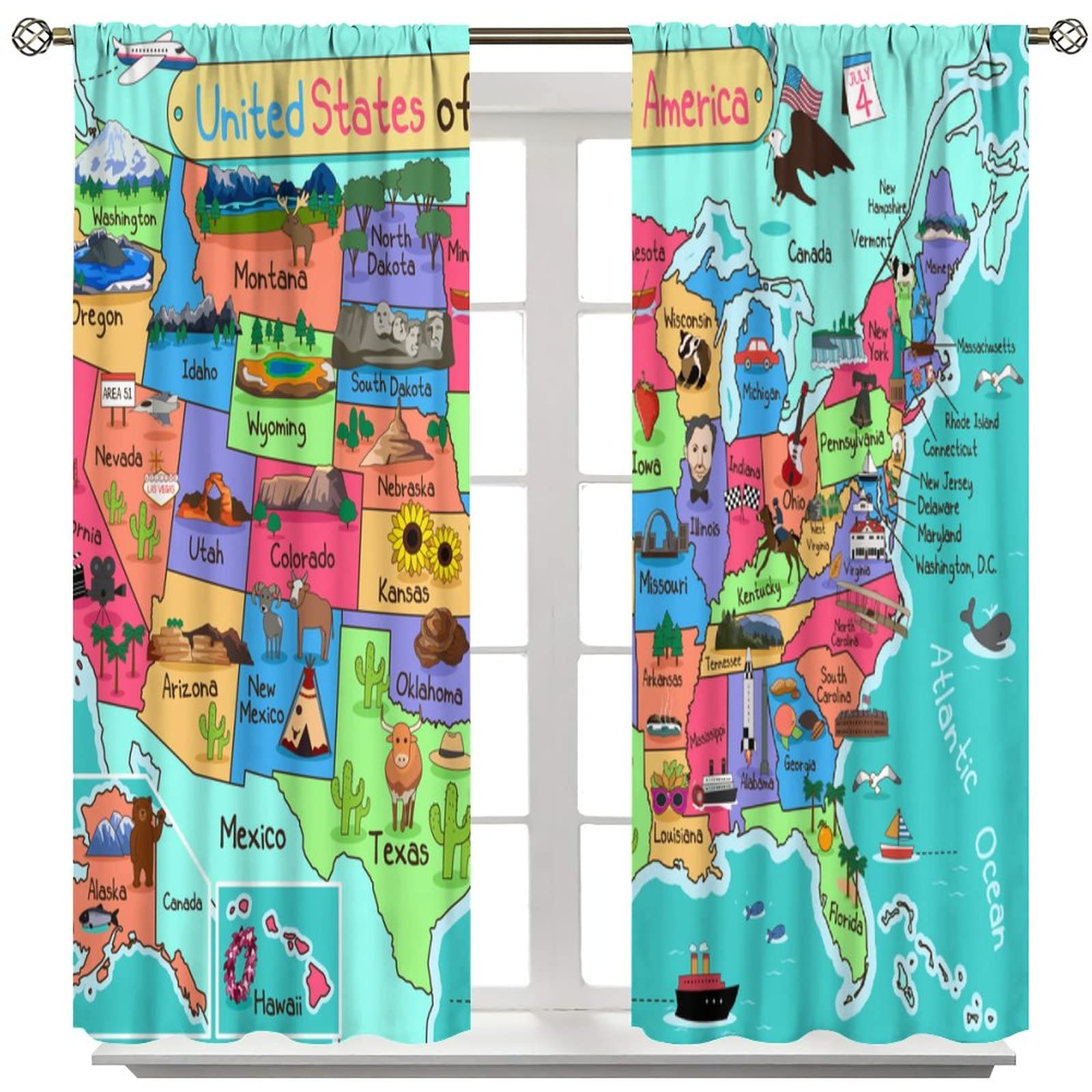 Kids USA Map Curtains - Fun Geography Educational Window Drapes for Boys & Girls Bedroom, Nursery, Living Room Decor - 2 Panel Set 42x54 Inches - Perfect for Learning American States & Home Schooling Decor