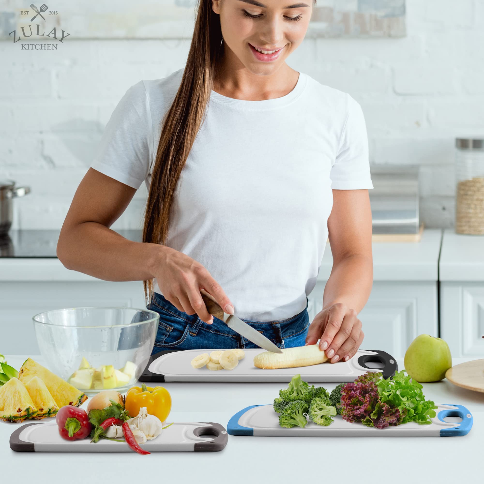Zulay Kitchen 3-Piece Plastic Cutting Board Set - Non-Slip Dishwasher Safe with Juice Groove - Multiple Sizes (Black, Blue, Gray) - Perfect for Meal Prep, Slicing Vegetables & Serving Charcuterie