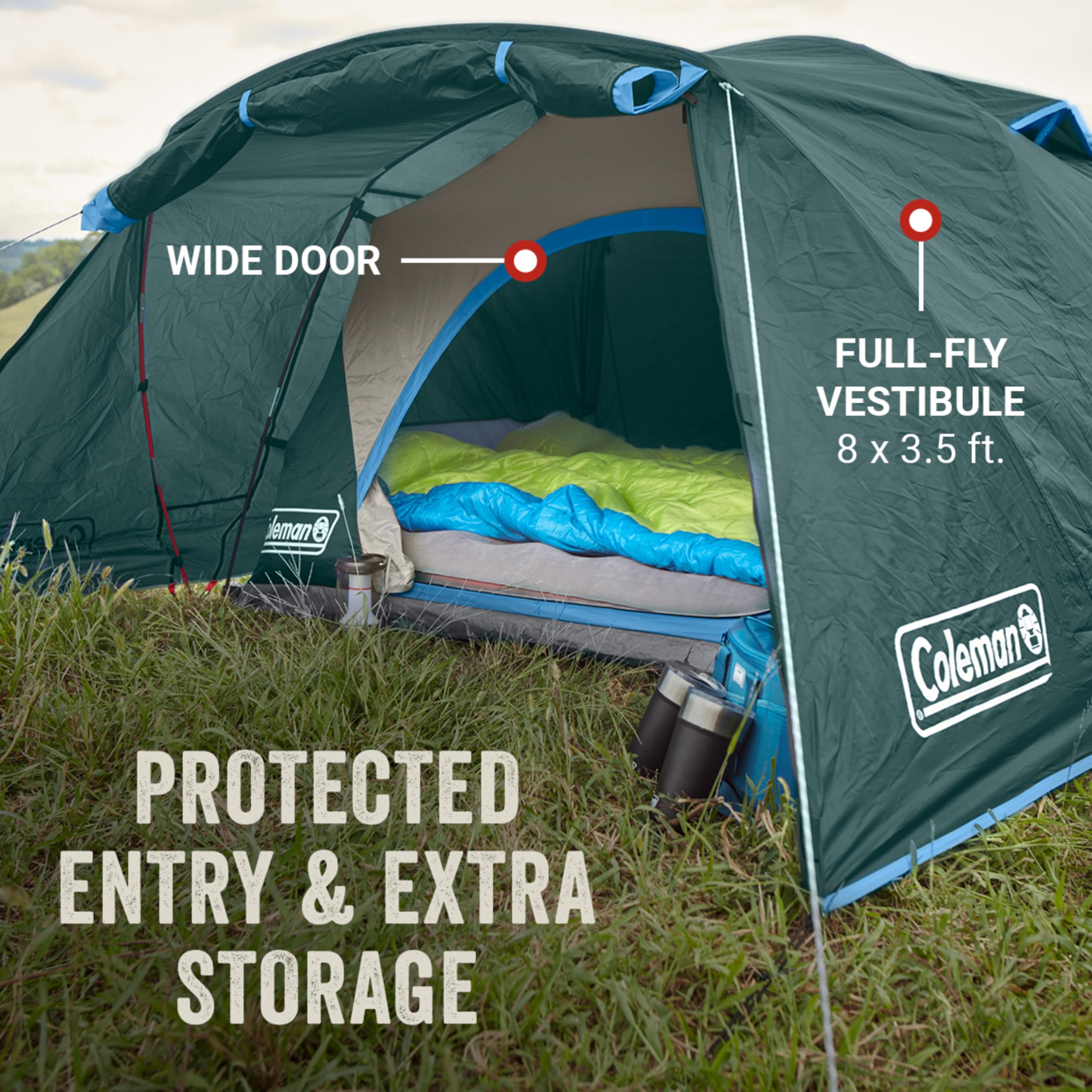 Coleman Skydome Camping Tent with Full-Fly Vestibule - Lightweight 4-Person Tent for Outdoor Adventures, Hiking & Backpacking - Waterproof & Windproof Shelter for Camping Trips