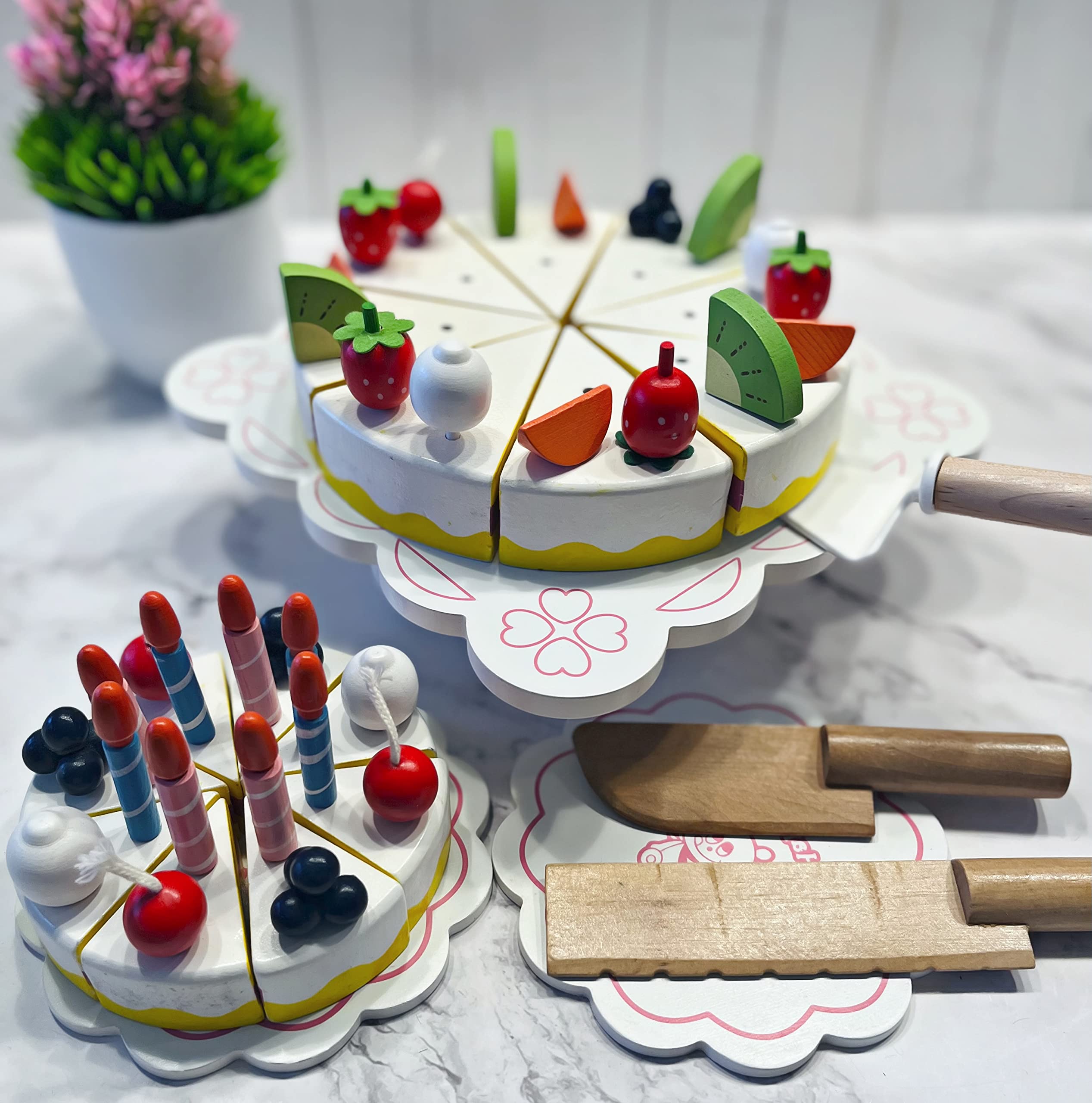 2 Tier Fake Wood Birthday Cake Set - White Decorative Cake with Fruit & Candles for Wedding, Baby Shower & Party Decorations