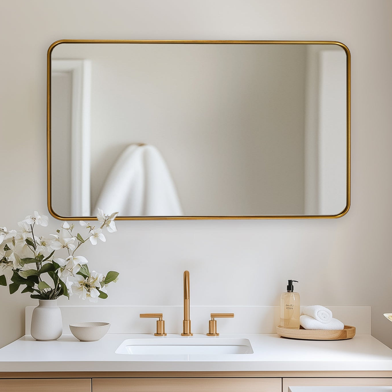 Modern Rounded Rectangular Bathroom Wall Mirror with Aluminum U-Tube Frame - Perfect for Vanity, Powder Room, and Contemporary Home Decor