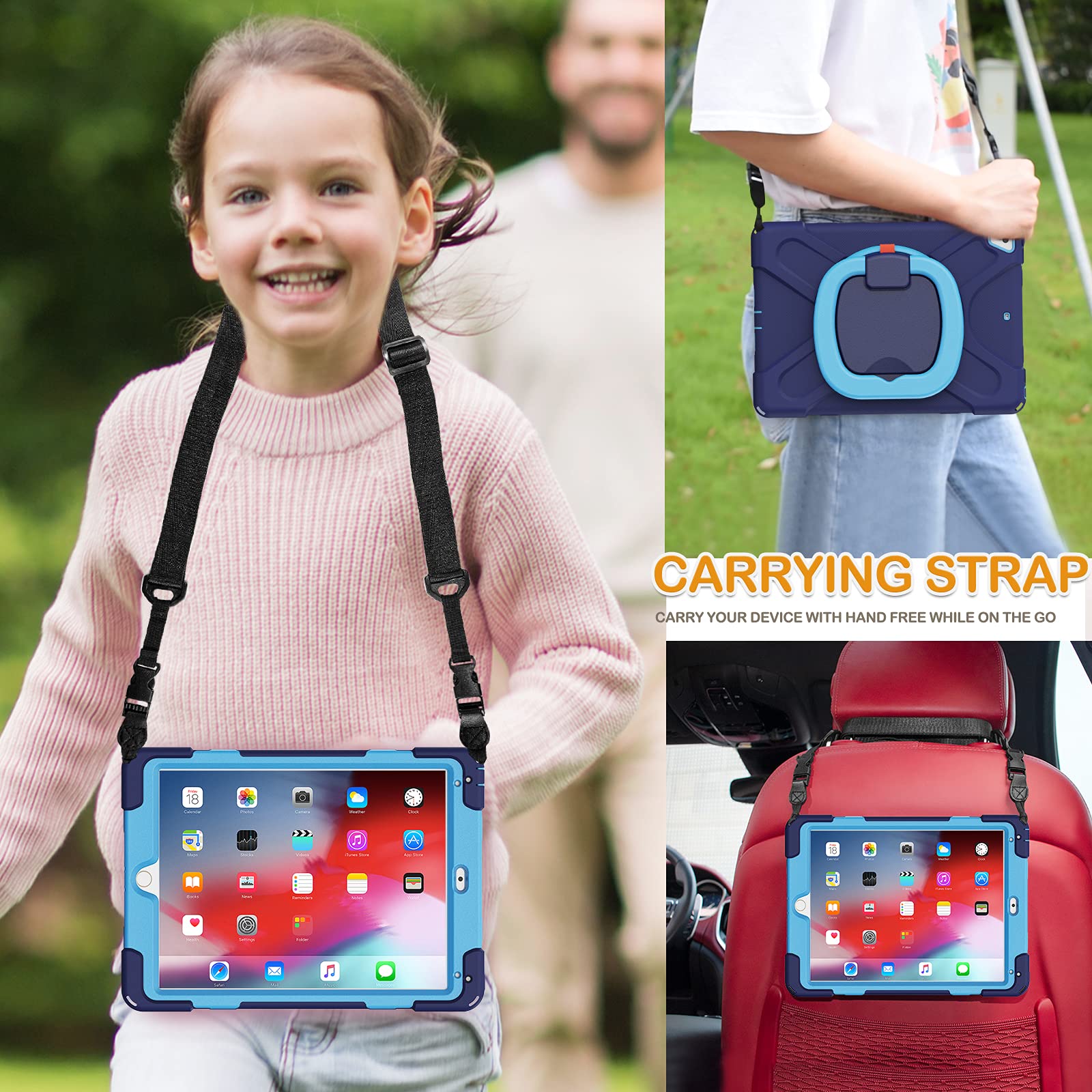 BRAECN Shockproof iPad Case for iPad 9.7 Inch (6th/5th Gen), iPad Pro 9.7, iPad Air 2 - Heavy Duty Protective Cover with Kickstand, Hand Grip, Pencil Holder & Shoulder Strap - Perfect for Kids, Students & Travel (Navy Blue)
