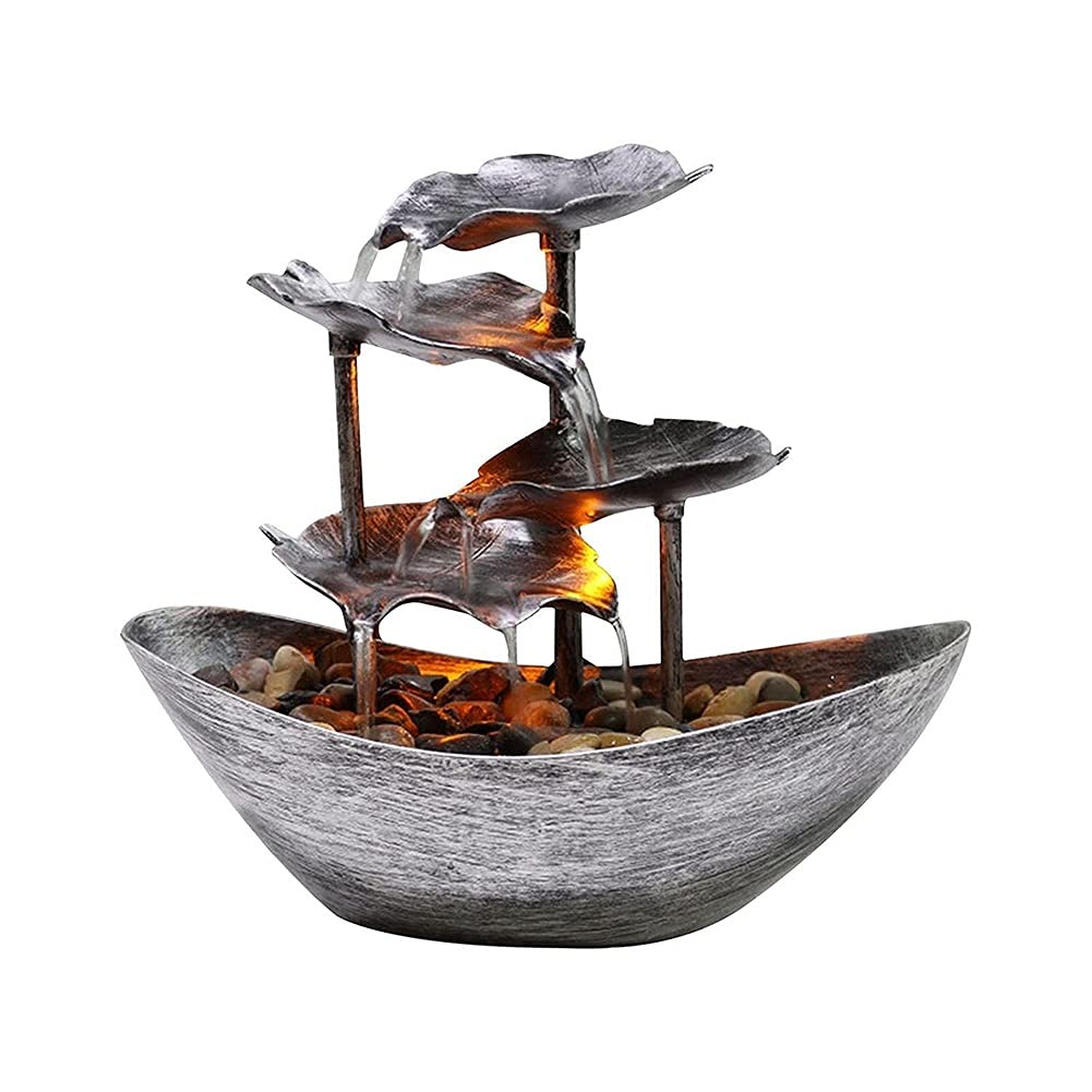 Indoor Tabletop Water Fountain with LED Lights - Lotus Leaf Design Resin Statue for Home, Office & Patio Decor | Relaxing Desktop Water Feature for Stress Relief & Feng Shui (Silver)