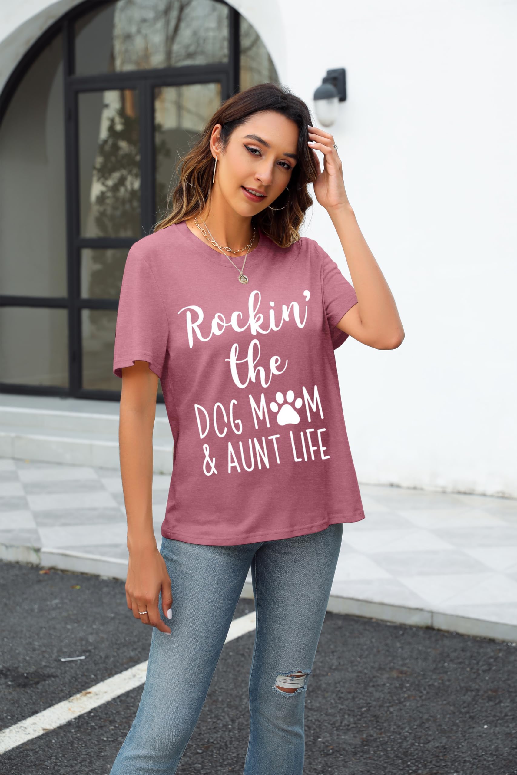 Funny Dog Mom Shirt for Women - Cute Dog Paw Graphic Tee - Rockin' The Dog Mom Life - Perfect Gift for Dog Lovers - Short Sleeve Casual Top - Ideal for Dog Parks, Walks & Pet Lover Events