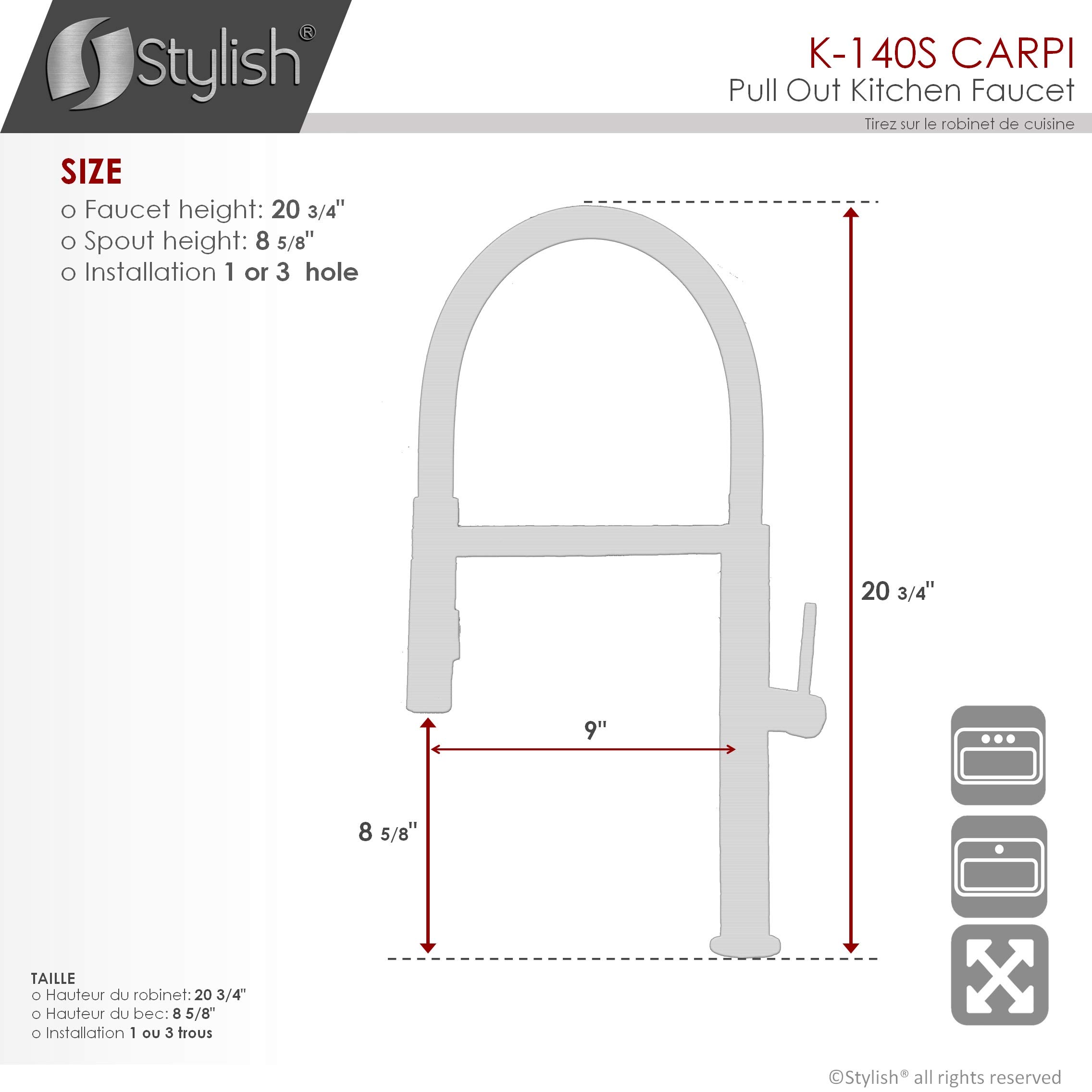 Stylish Pull-Out Kitchen Faucet with Sprayer - Brushed Stainless Steel Single Handle Sink Faucet, Dual Function with Silicone Black Hose, Ceramic Cartridge & Aerator (Model K-140S) - Perfect for Modern Kitchens, Dishwashing & Food Prep