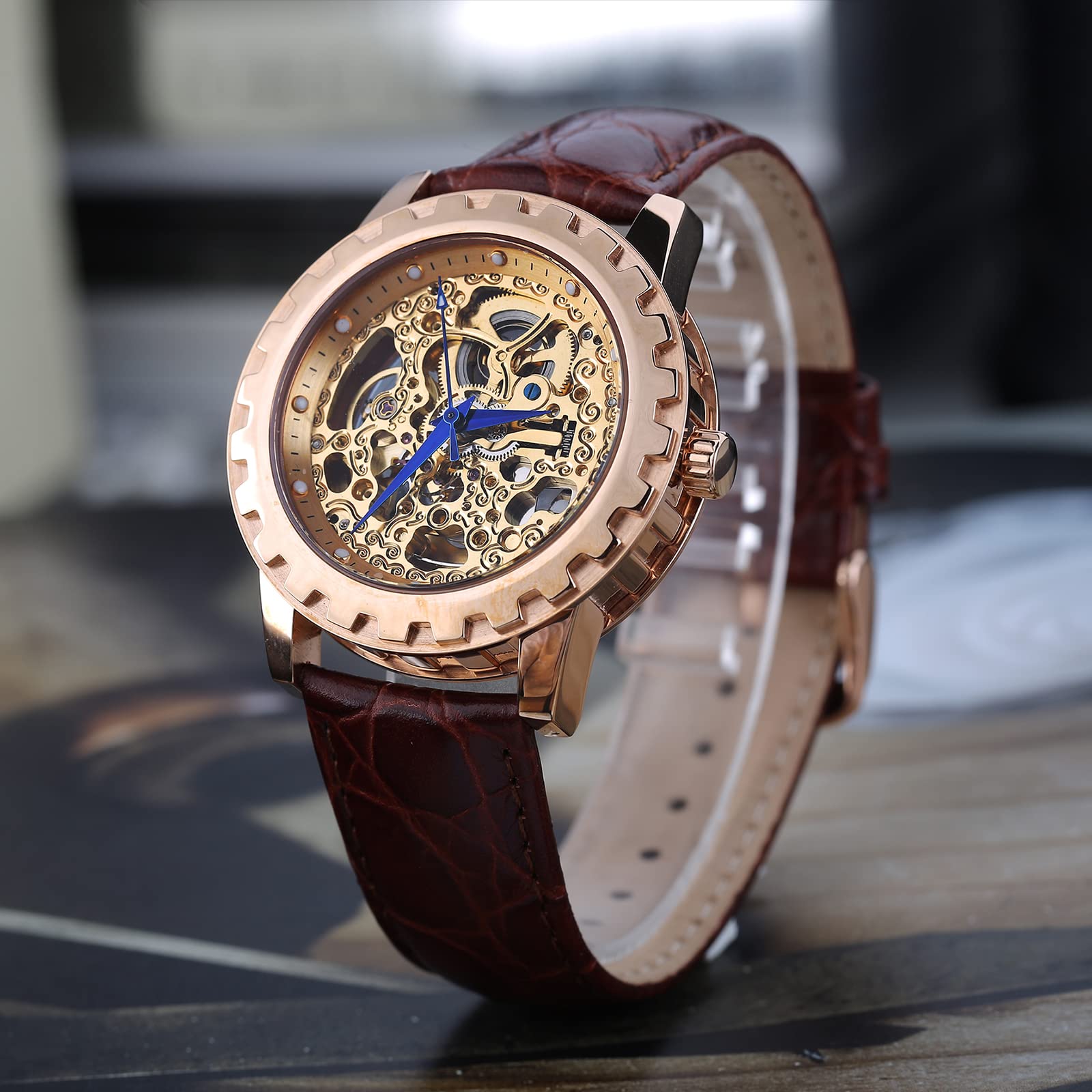 BERNY Luxury Automatic Skeleton Men's Watch - Gold Mechanical Dress Wristwatch with Exhibition Back, Luminous Markers & Waterproof - Perfect for Business, Formal Events & Gifts