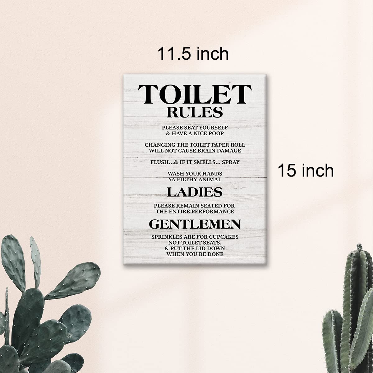 Funny Toilet Rules Canvas Print - Rustic Bathroom Wall Art Decor with Frame, Positive Painting for Home, Office & Tabletop - Perfect for Powder Rooms, Guest Bathrooms and Humorous Home Decor