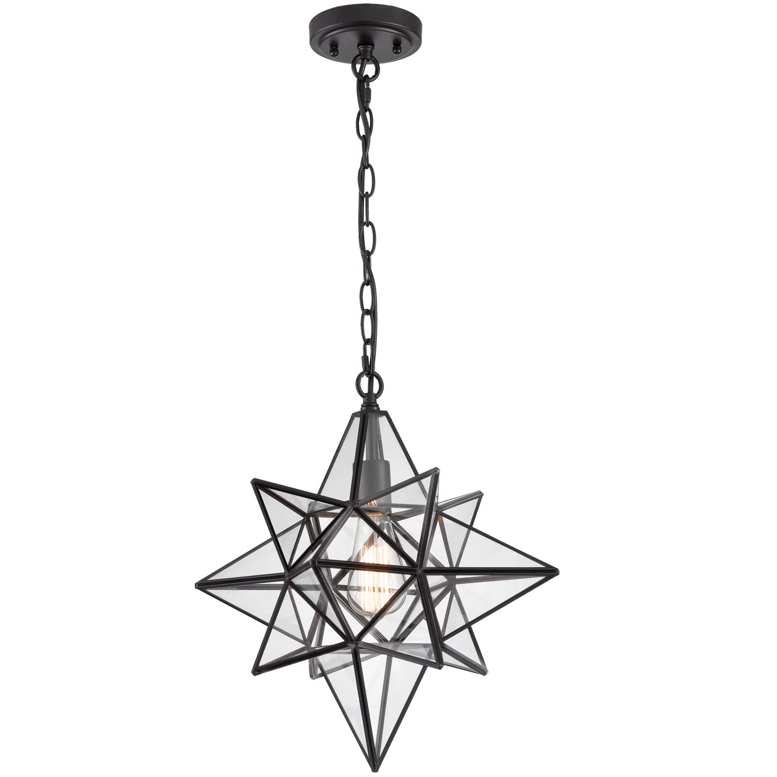TENGIANTS 16-Inch Adjustable Black Moravian Star Pendant Light with Clear Glass Shade - Perfect for Dining Room, Kitchen Island, and Entryway Lighting
