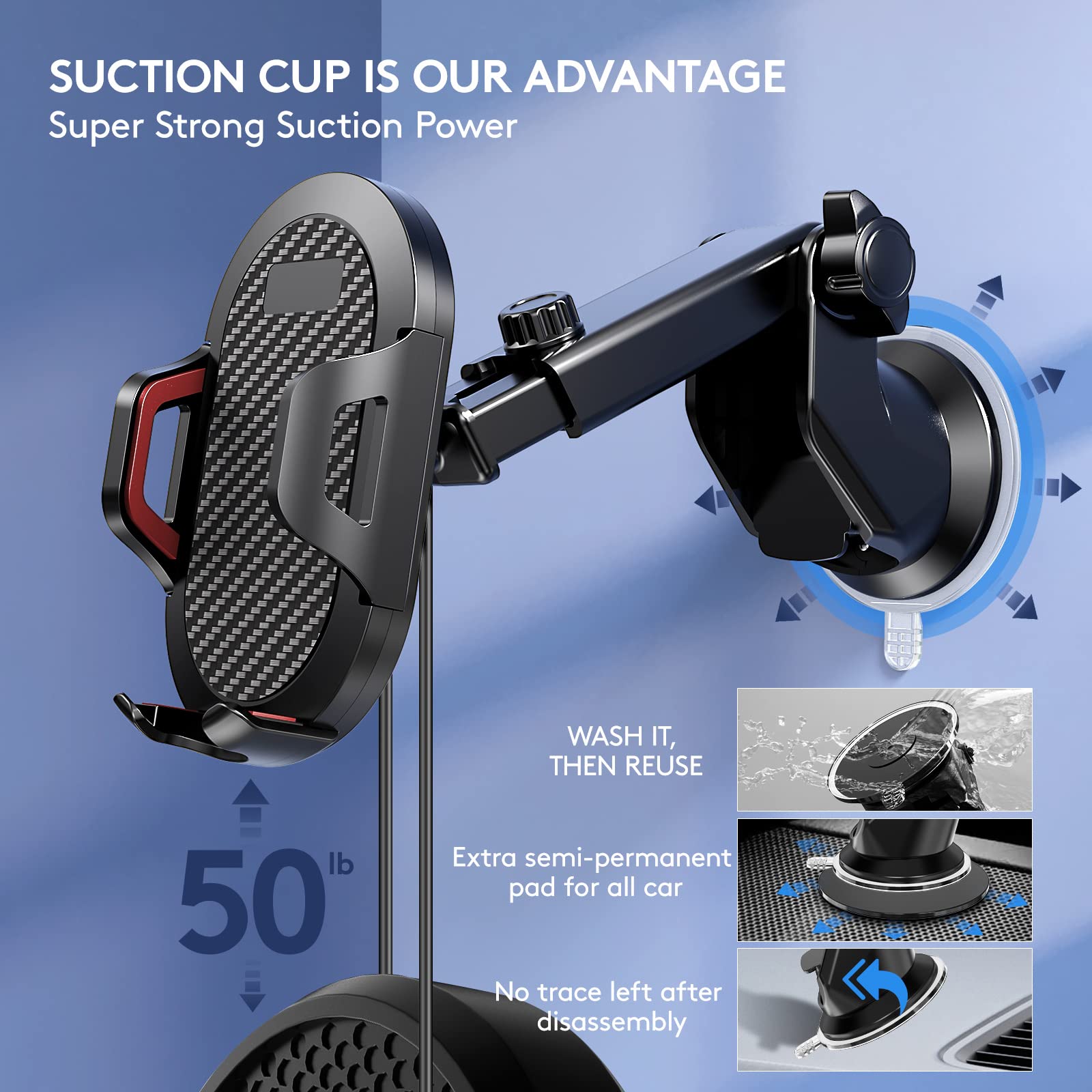 Best Car Phone Holder Mount with Strong Suction Cup - Military Grade Durable Windshield & Dashboard Mount - Adjustable Long Arm Compatible with iPhone 16/15/14 Pro Max & All Smartphones (Red) - Perfect for GPS Navigation, Hands-Free Calling & Road Trips