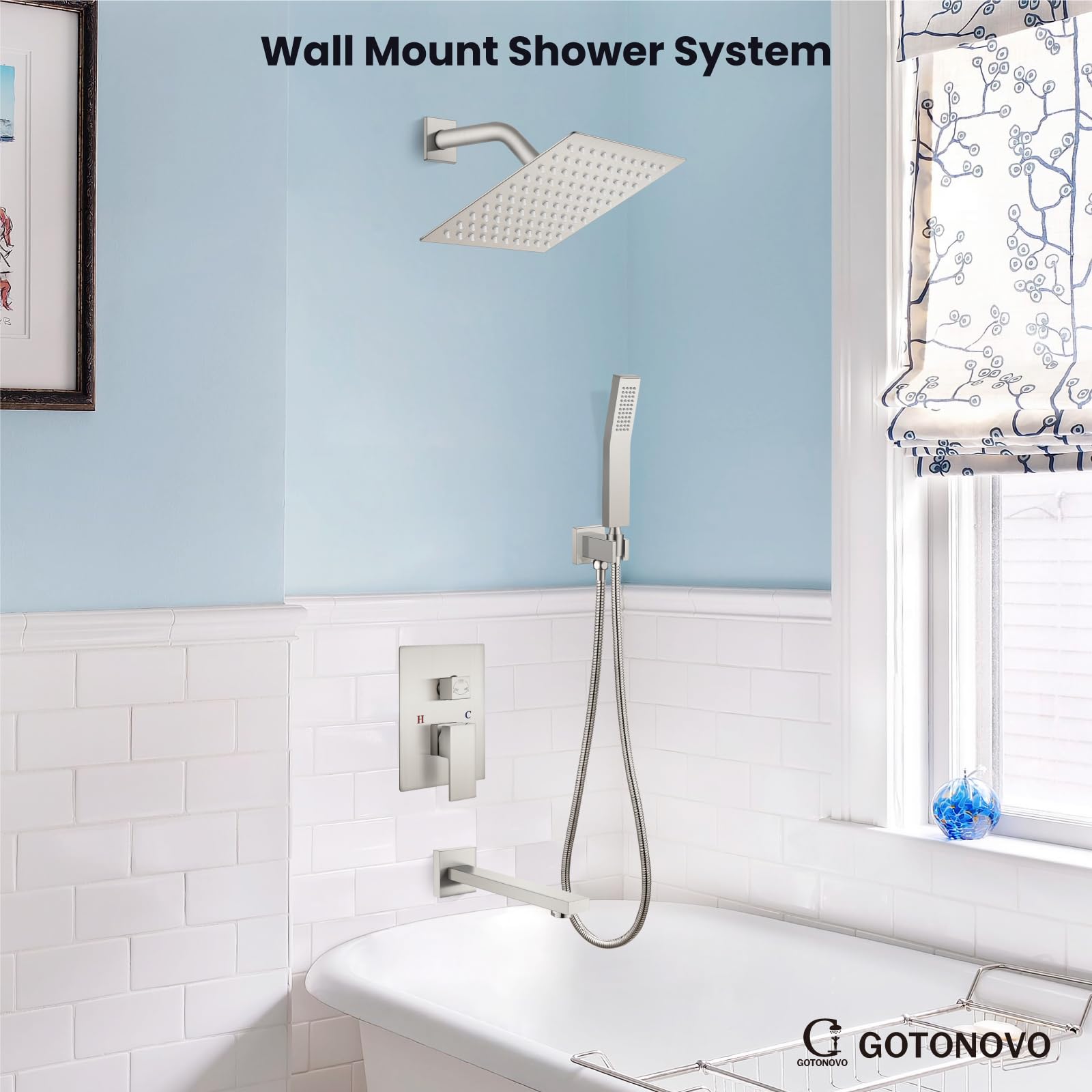 Gotonovo 3-Function Wall Mount Shower System Set with Rainfall Shower Head, Handheld Spray, and Tub Spout - 8 Inch Brushed Nickel Shower Faucet Combo with Rough-In Valve - Perfect for Bathroom Renovation and Modern Home Spa Experience