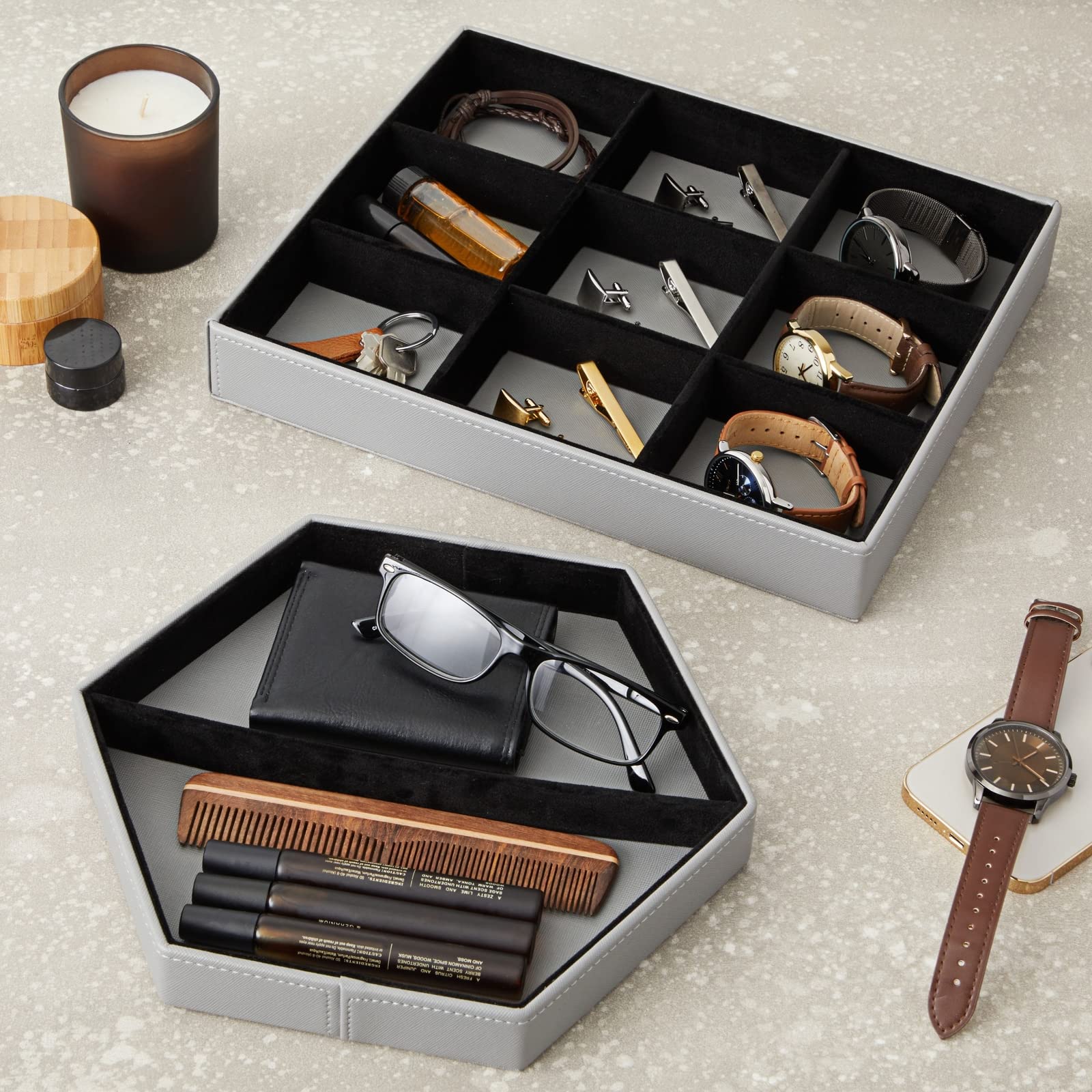 Juvale Set of 2 Gray Faux Leather Valet Trays for Men - Customizable Key & Wallet Organizer, Watch Catch All Tray, Nightstand Drawer Organizer - Perfect for Entryway Table, Dresser Top & Bedside Storage (2 Shapes)