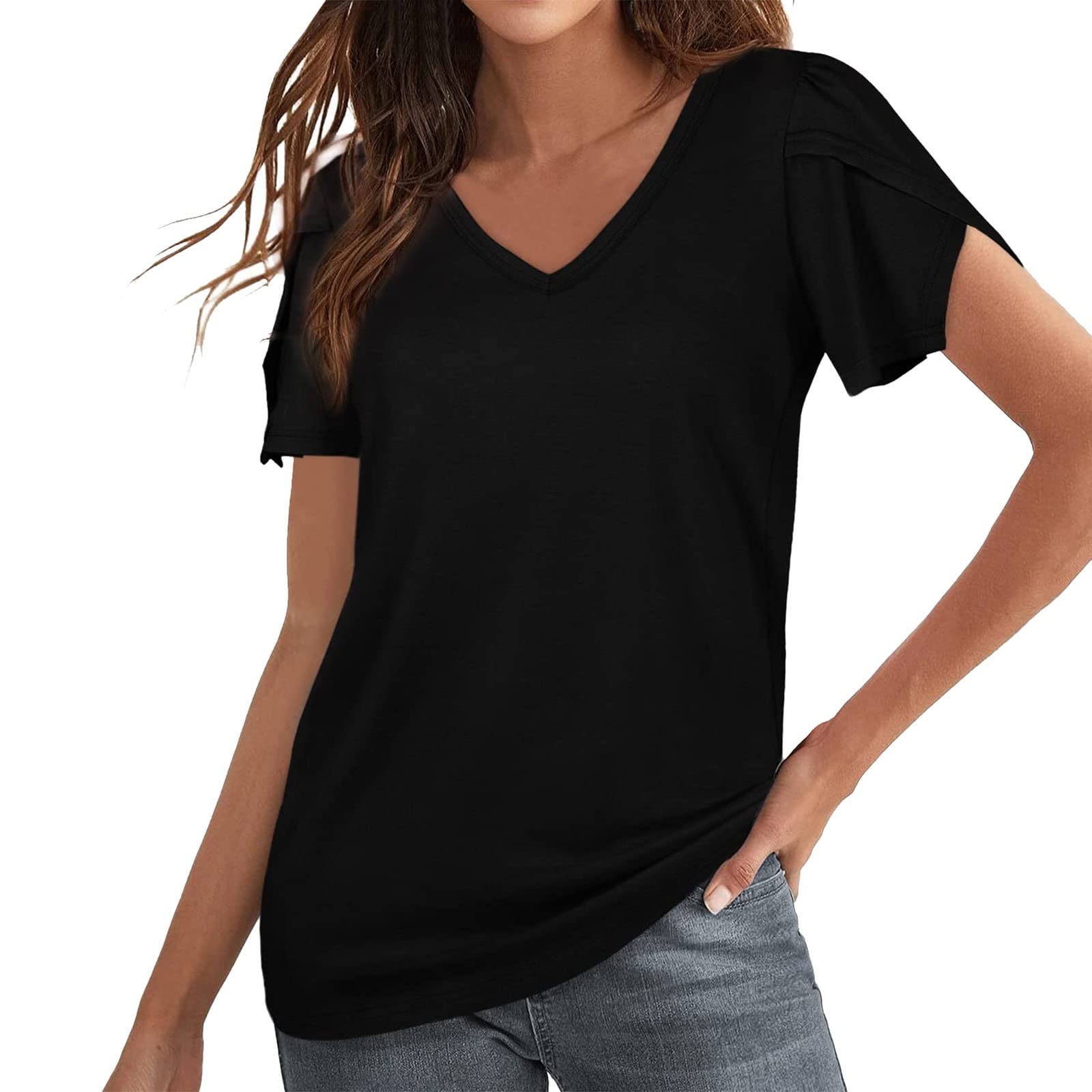 Women's Summer Fashion Basic Short Sleeve V-Neck T-Shirt - Soft Cotton Solid Color Casual Tee for Everyday Wear, Workout & Outfits
