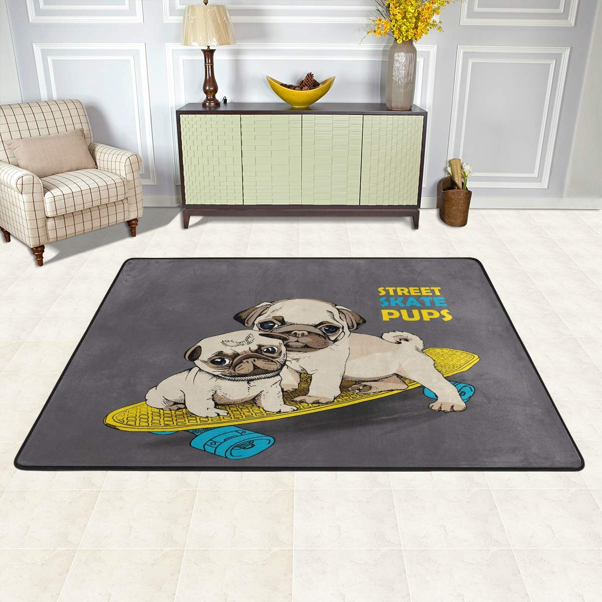 ALAZA Cartoon Pug Puppy Skateboard Non-Slip Area Rug 6'x4' - Soft Living Room Rug, Bedroom Carpet for Kids Playroom & Dorm Decor