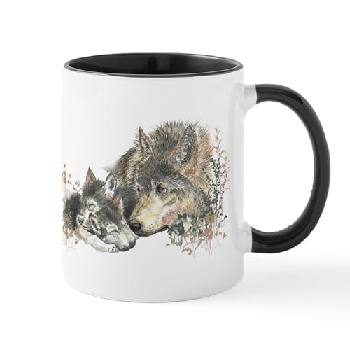 White/Black Inside - Watercolor Wolf Parent Cubs Small Mugs