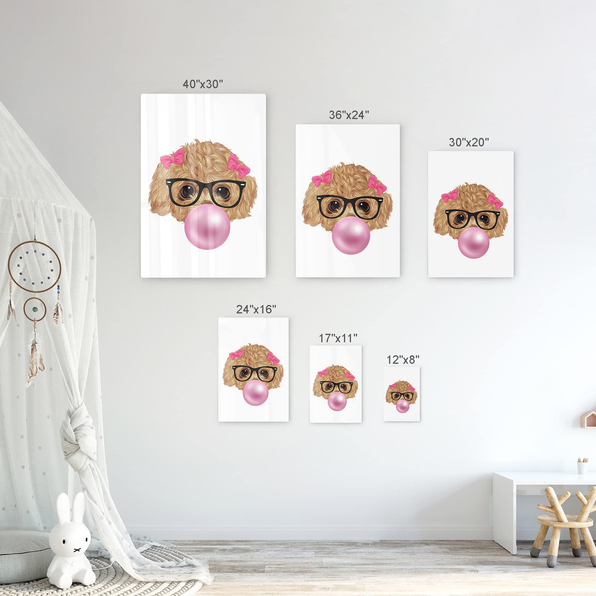 Toy Poodle Puppy Portrait with Glasses Chewing Bubble Gum - Metal Wall Art Print for Pet Lovers, Pop Art Decor for Living Room, Bedroom, Nursery - Perfect Dog Gift for Kids & Baby Rooms - 36x24 Inches