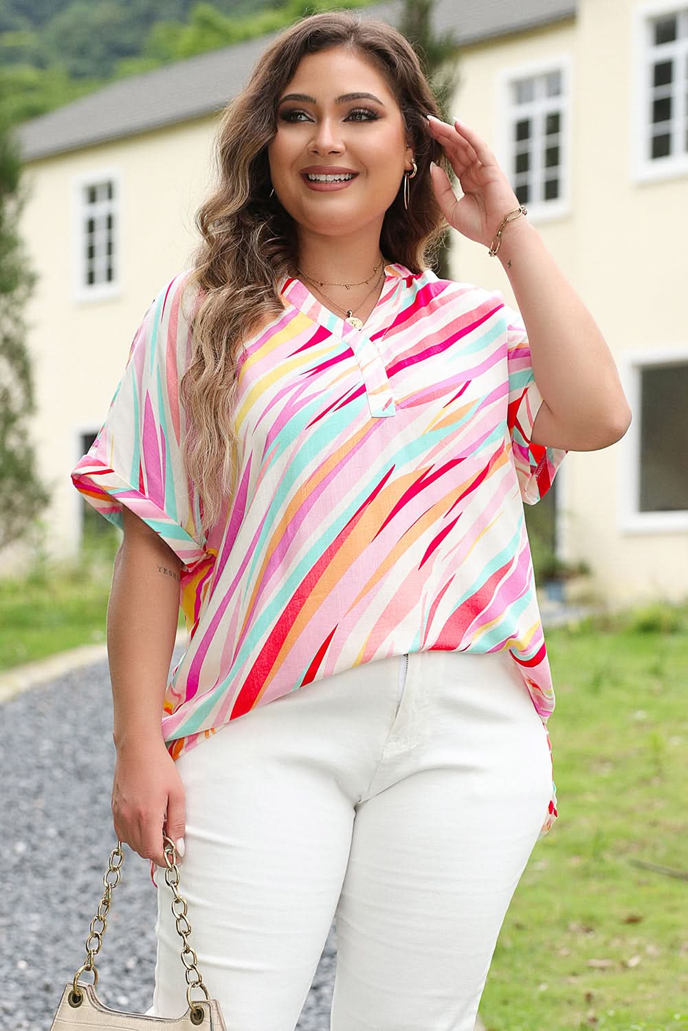 Stylish Plus Size Abstract Print Blouse in White - Perfect for Casual Outings & Office Wear