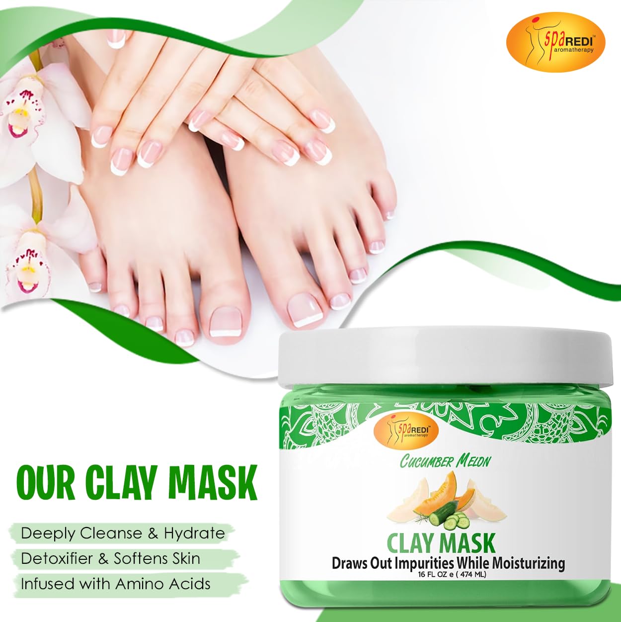 SPA REDI - Cucumber & Melon Clay Mask (16 Oz) - Deep Cleansing Body & Pedicure Treatment | Pore Purifying, Detoxifying & Hydrating Facial Mask for Glowing Skin | Perfect for Spa Days & At-Home Self Care Routines