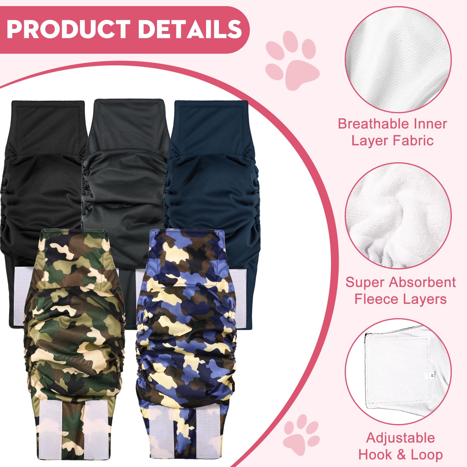 XPCARE Washable Male Dog Belly Bands (5 Pack) - Reusable Dog Diapers for Small Male Dogs, Leak-Proof Pet Belly Wrap for House Training & Incontinence Protection - Perfect for Puppies, Seniors & Travel Use