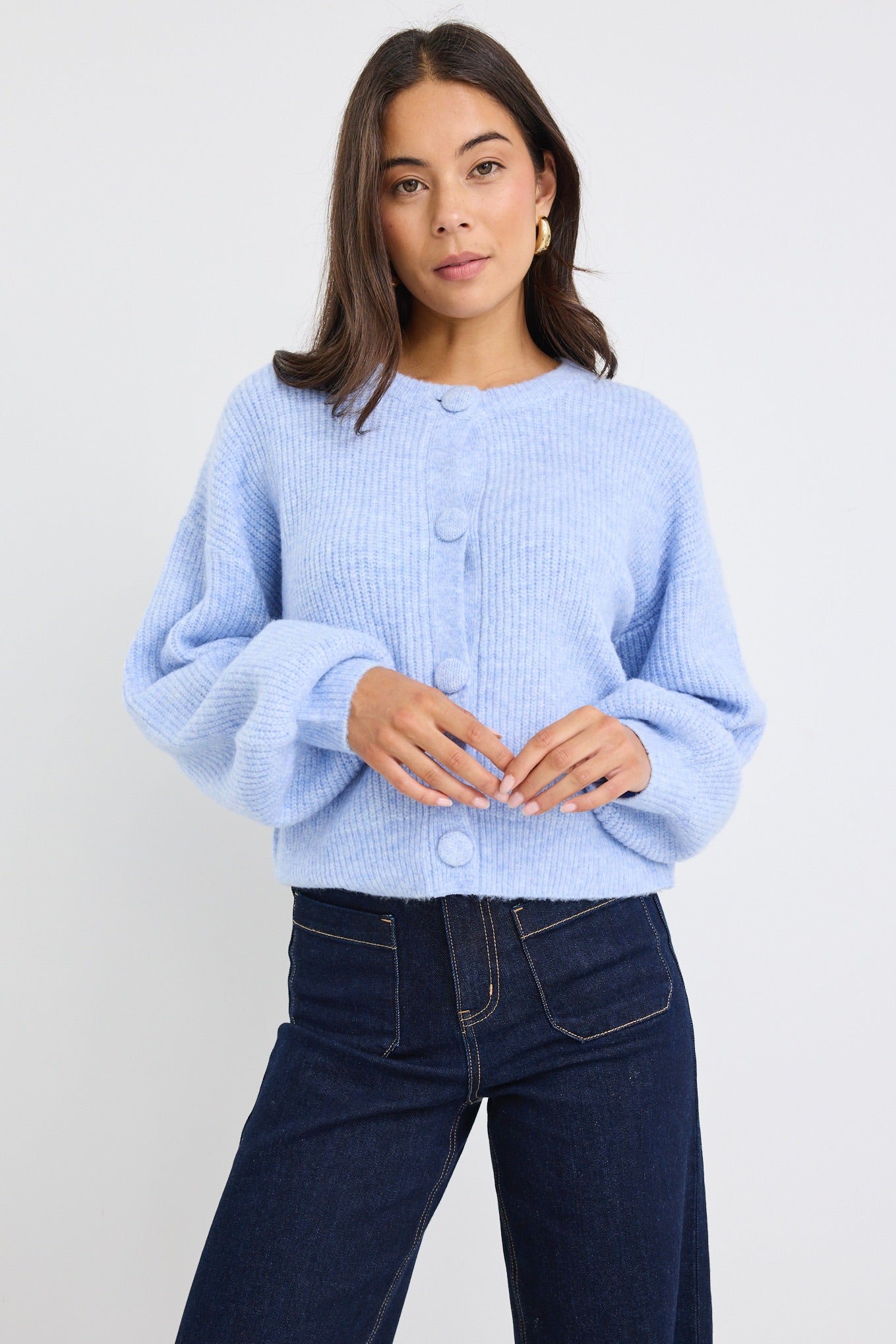 Authentic Ice Blue Crewneck Cardigan for Women - Soft Knit Sweater with Pockets - Perfect for Casual Wear, Office Outfits & Cozy Fall Fashion