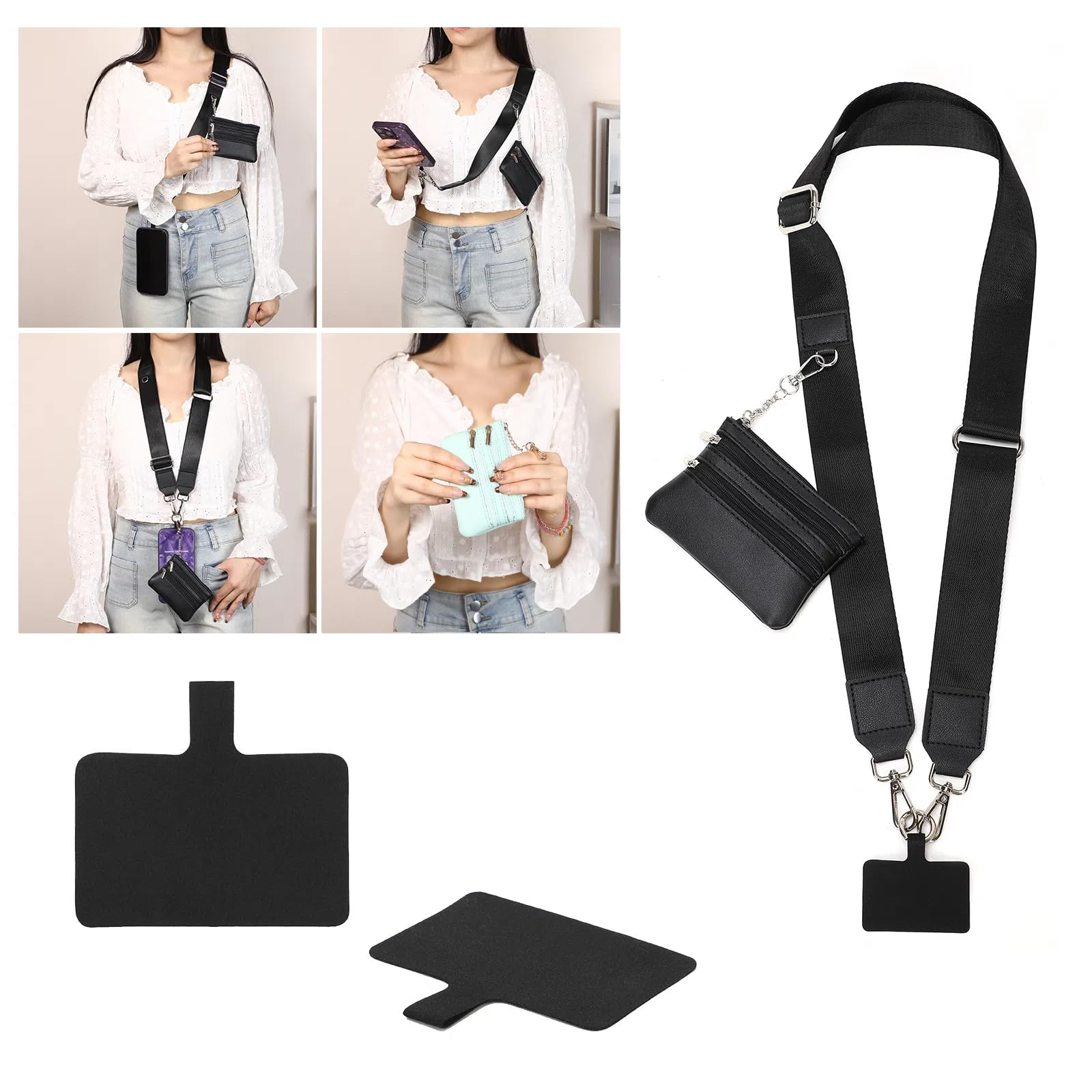 Premium Adjustable Crossbody Phone Strap with Zippered Wallet Pouch - Compatible with iPhone & Smartphones - Hands-Free Convenience for Shopping, Travel & Outdoor Activities (Black)