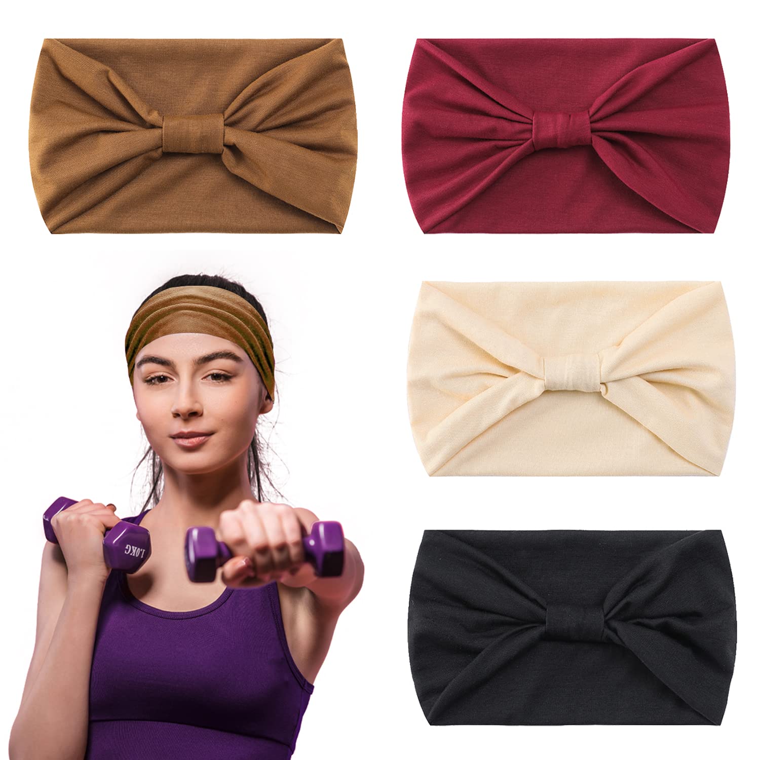 4Pcs Women's Headbands - Soft Wide Elastic Hair Bands & Boho Hair Scarves for Women | Perfect for Yoga, Workouts, Fashion Accessories and Everyday Wear