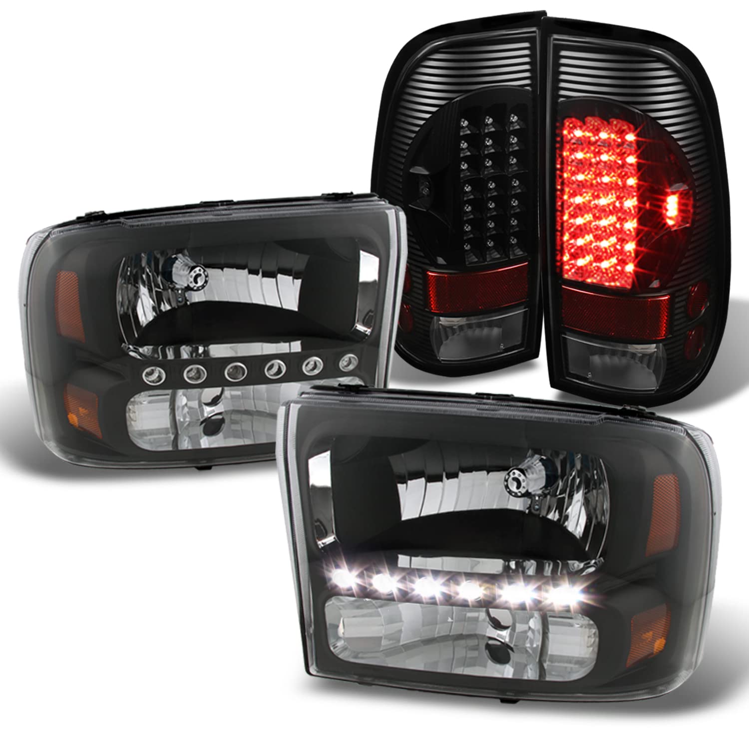 AKKON Black LED Headlights & Tail Lights Replacement for Ford F250 F350 Super Duty - Left & Right Pair - Off-Road, Night Driving & Custom Truck Upgrade