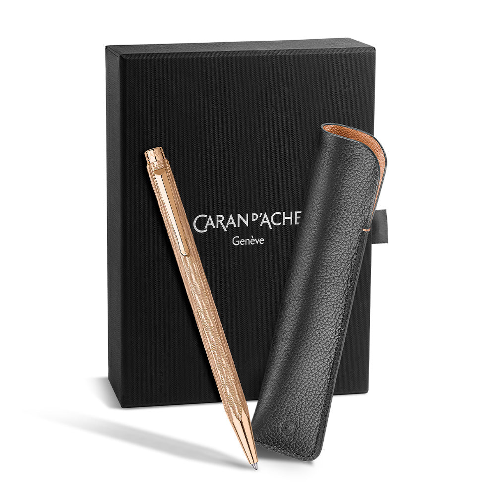 Luxury Caran d'Ache Ecridor Venetian Gilt Rose Gold Ballpoint Pen with Premium Leather Case Set - Elegant Writing Instrument for Business Gifts, Executive Office & Formal Occasions