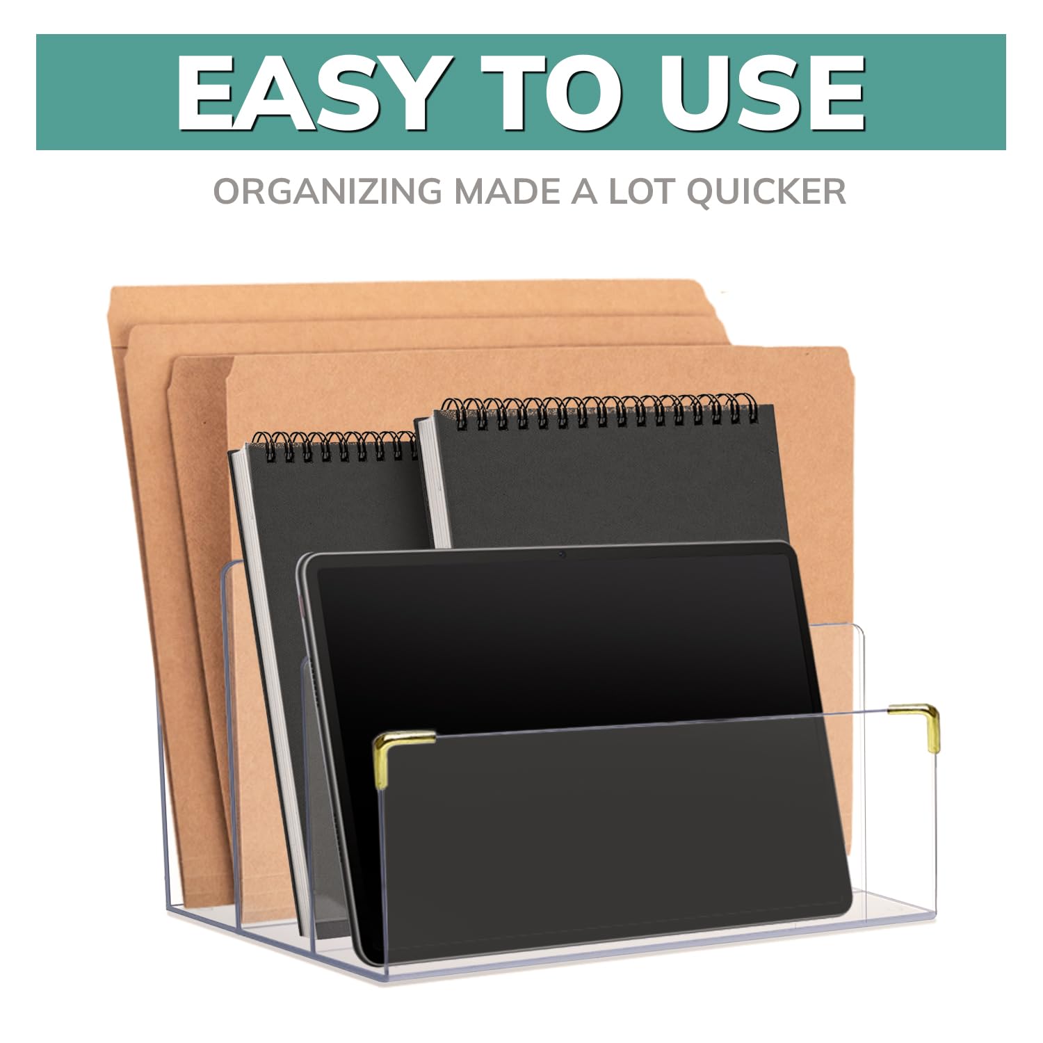 Clear Acrylic File Holder with Gold Accents - Desk Organizer for Folders, Mail, Magazines | Perfect for Office, Home & Workspace Organization | Letter Sorter, Laptop Stand & Notebook Holder