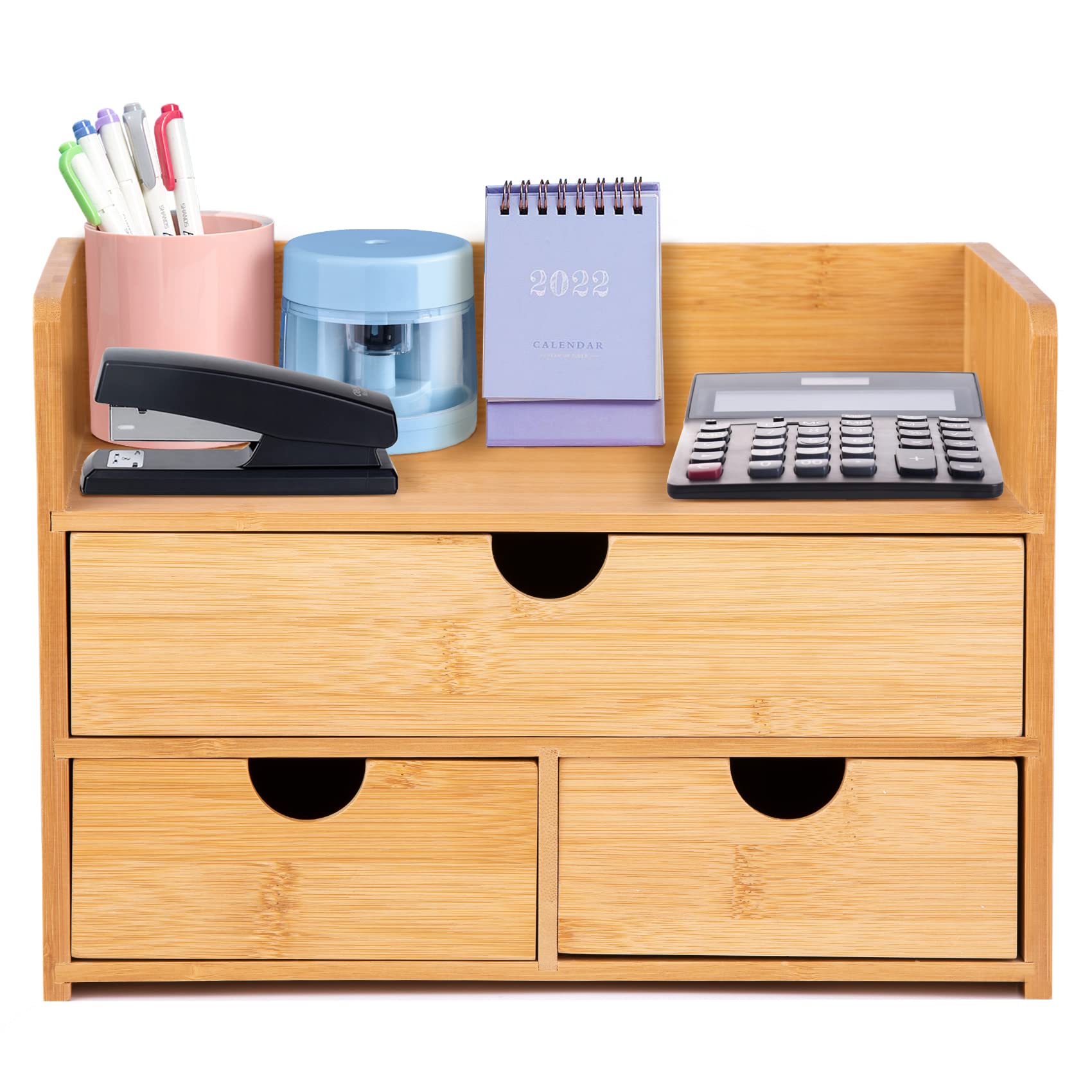 Bamboo Desk Organizer with Drawers - Stylish Desktop Storage for Office, Bathroom & Kitchen Countertop - Small Drawer Organizer for Pens, Makeup & Utensils - Perfect Workspace & Home Organization Solution