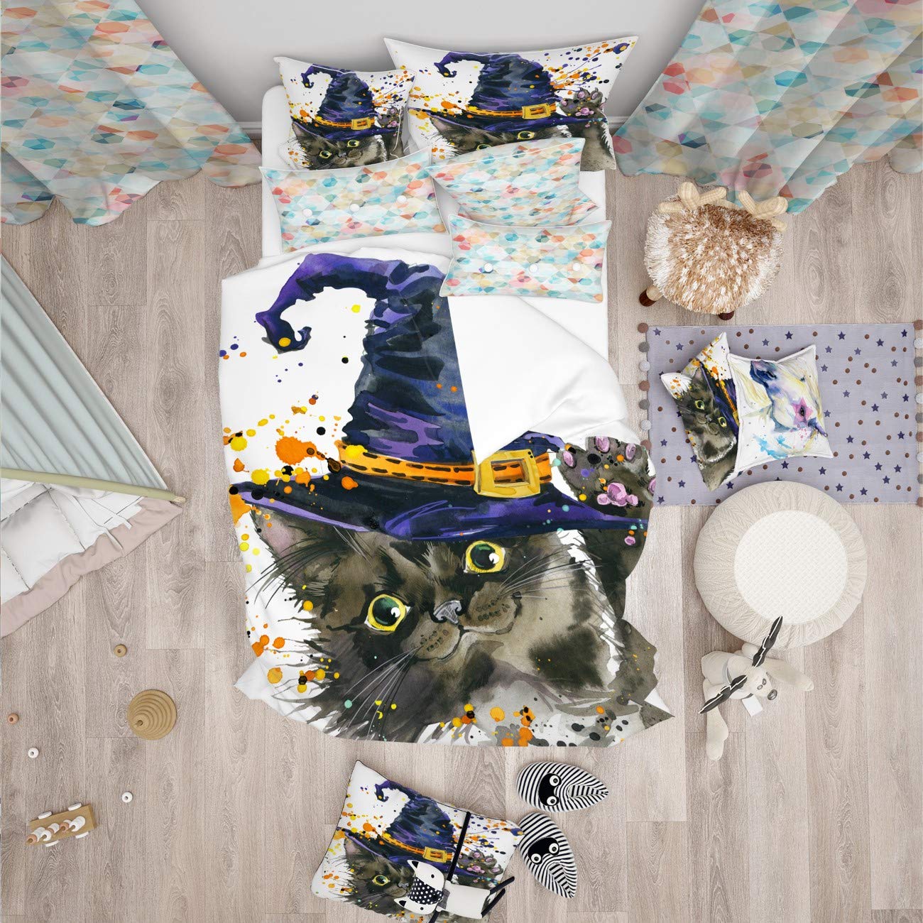 Halloween Cat & Witch Hat Duvet Cover Set - Full/Queen Blue for Spooky Bedroom Decor