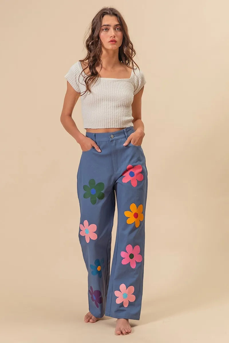 BiBi Floral Print Straight Leg Pants for Women - Casual & Comfortable Trousers for Everyday Wear, Office, and Outings