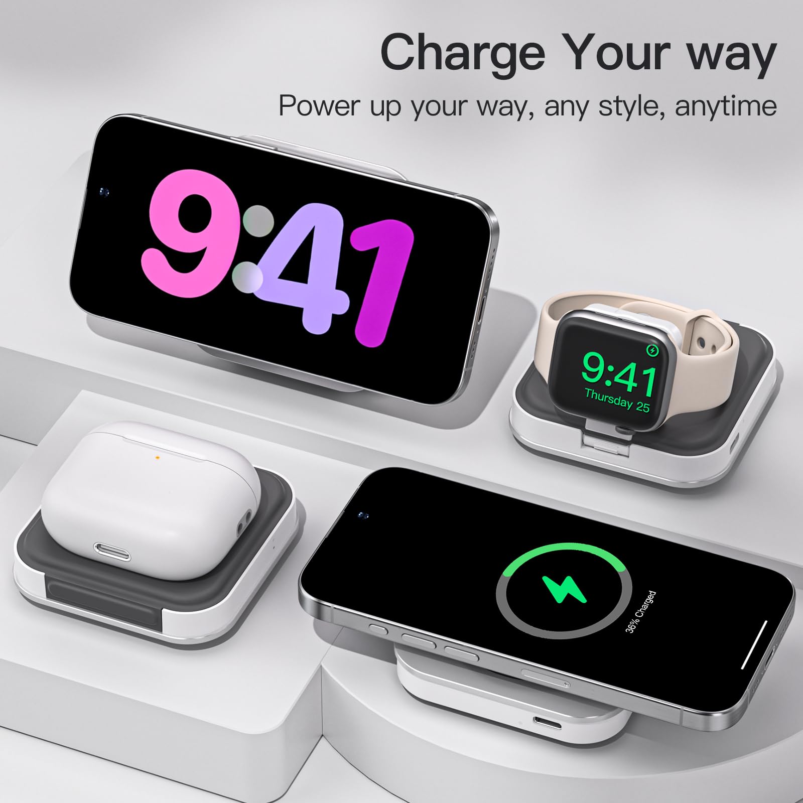 KEEPRO 3-in-1 Magnetic Wireless Charging Station for iPhone 15/14/13/12 Series, AirPods Pro/3/2 & Apple Watch - Fast Foldable Travel Stand with MagSafe (Adapter Included, White) - Perfect for Home, Office & Travel Charging