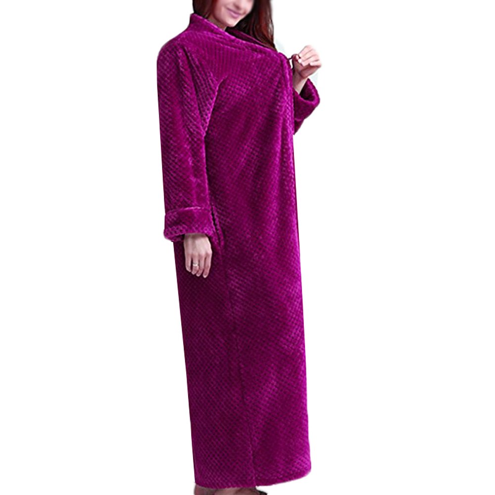 DSNOW Women's Zip-Up Fleece Waffle Long Robe - Soft Fluffy Bathrobe with Pockets, Warm Loungewear for Spa, Sleepwear & Home Relaxation